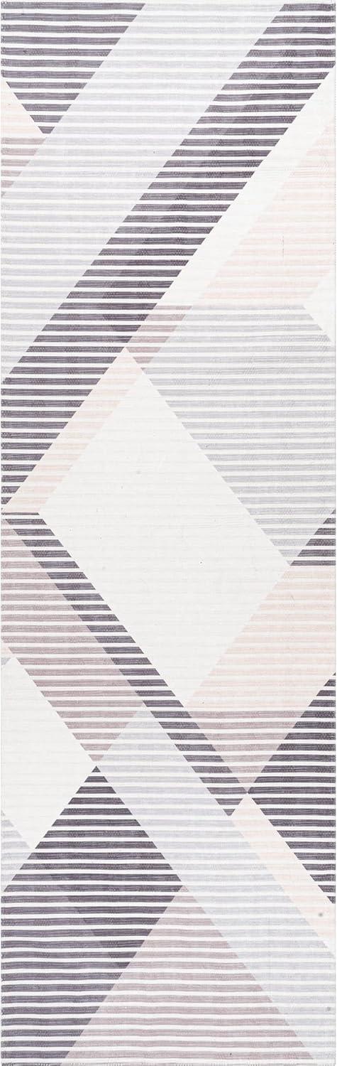 Modern Striped Beige Viscose 2'6" x 8' Washable Runner Rug