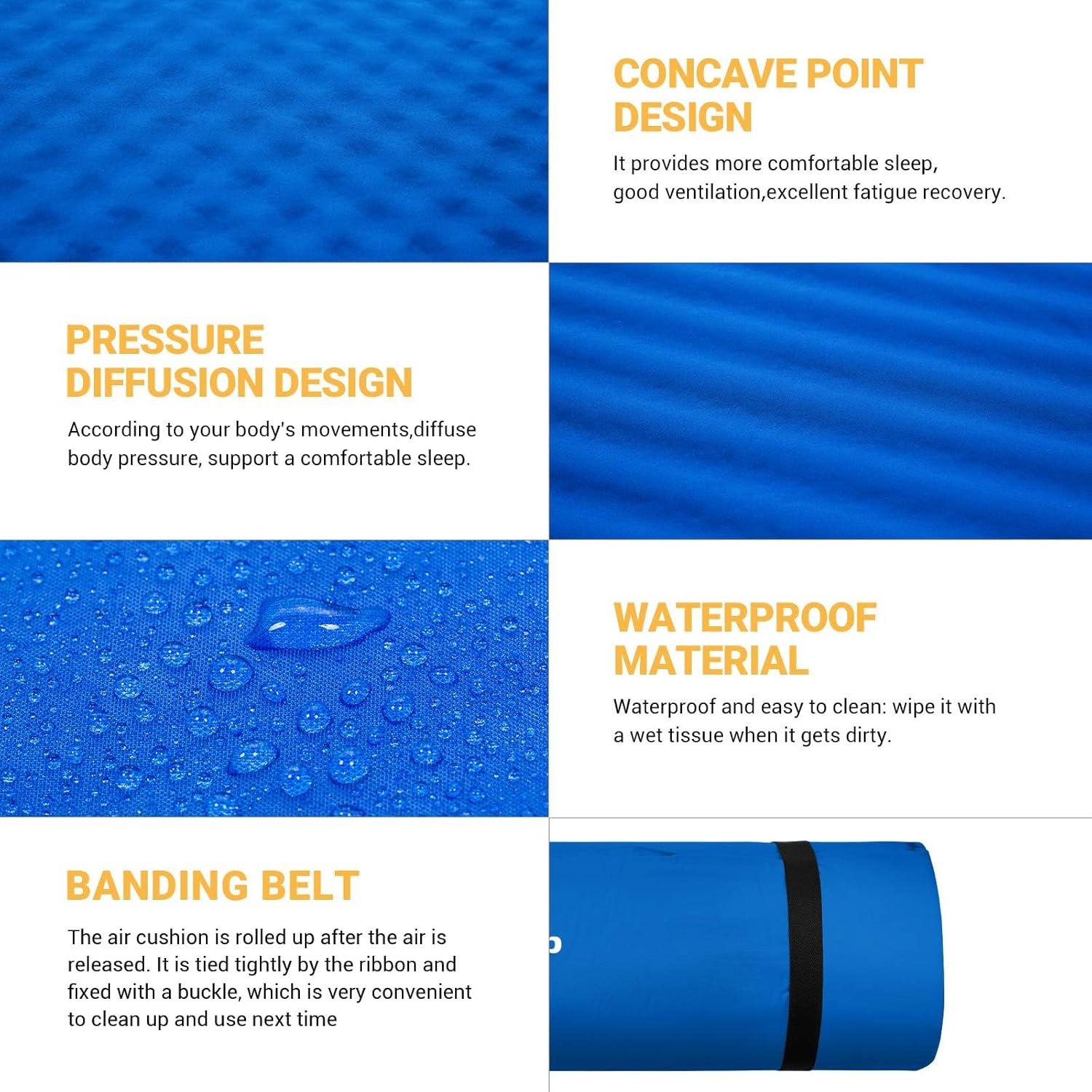 KingCamp Double Self Inflating Compact Folding Ultralight Outdoor Camping Sleeping Mattress Pad with 2 Pillows and Carry Bag, Blue