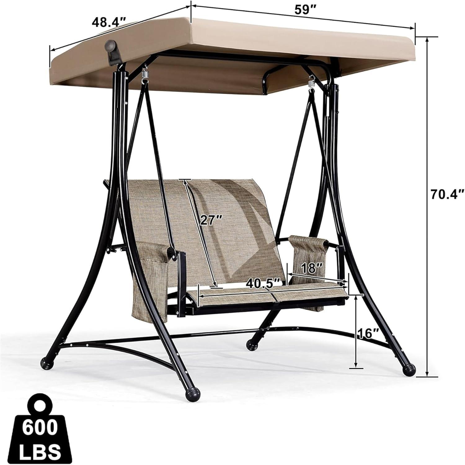 PURPLE LEAF 2-Seat Deluxe Outdoor Patio Porch Swing with Weather Resistant Steel Frame, Adjustable Tilt Canopy, Beige