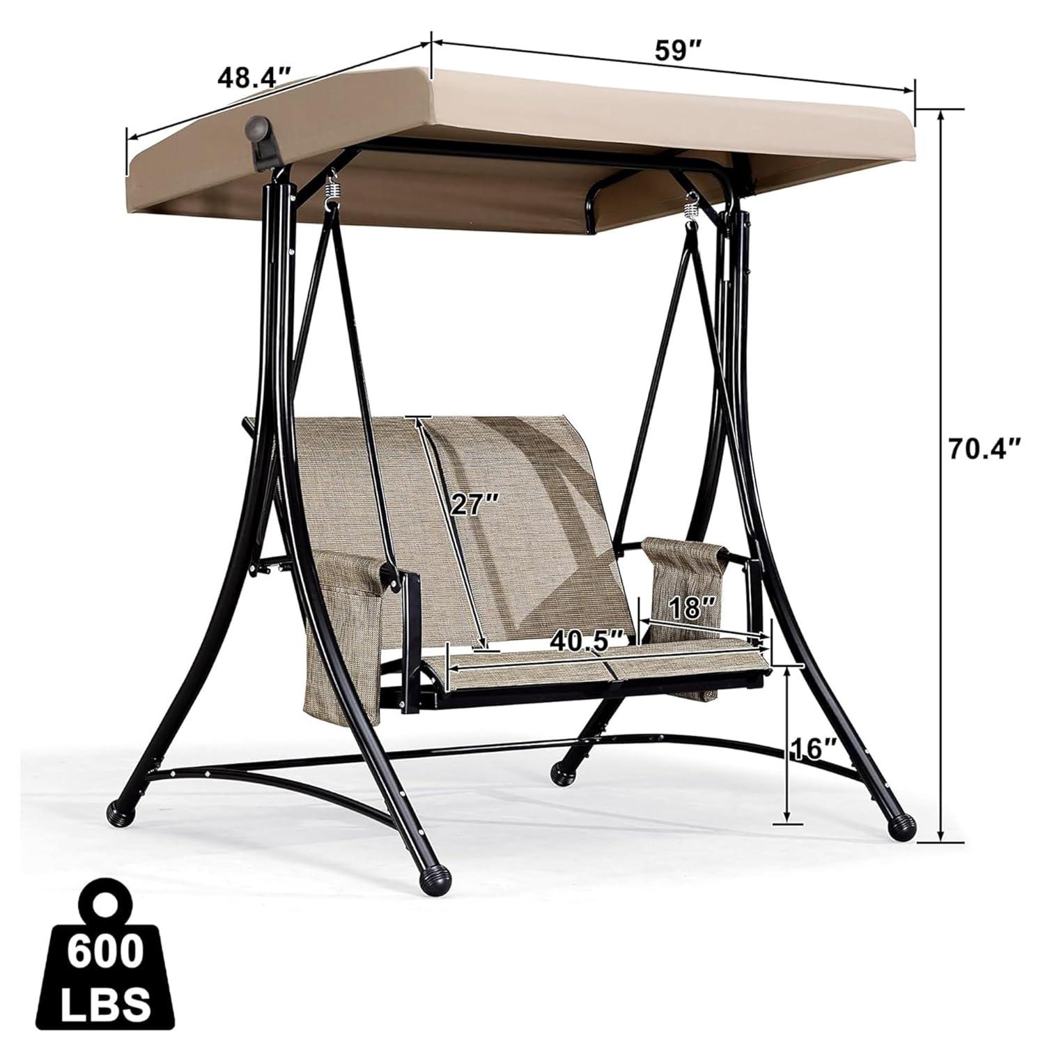 PURPLE LEAF 2-Seat Deluxe Outdoor Patio Porch Swing with Weather Resistant Steel Frame, Adjustable Tilt Canopy, Beige