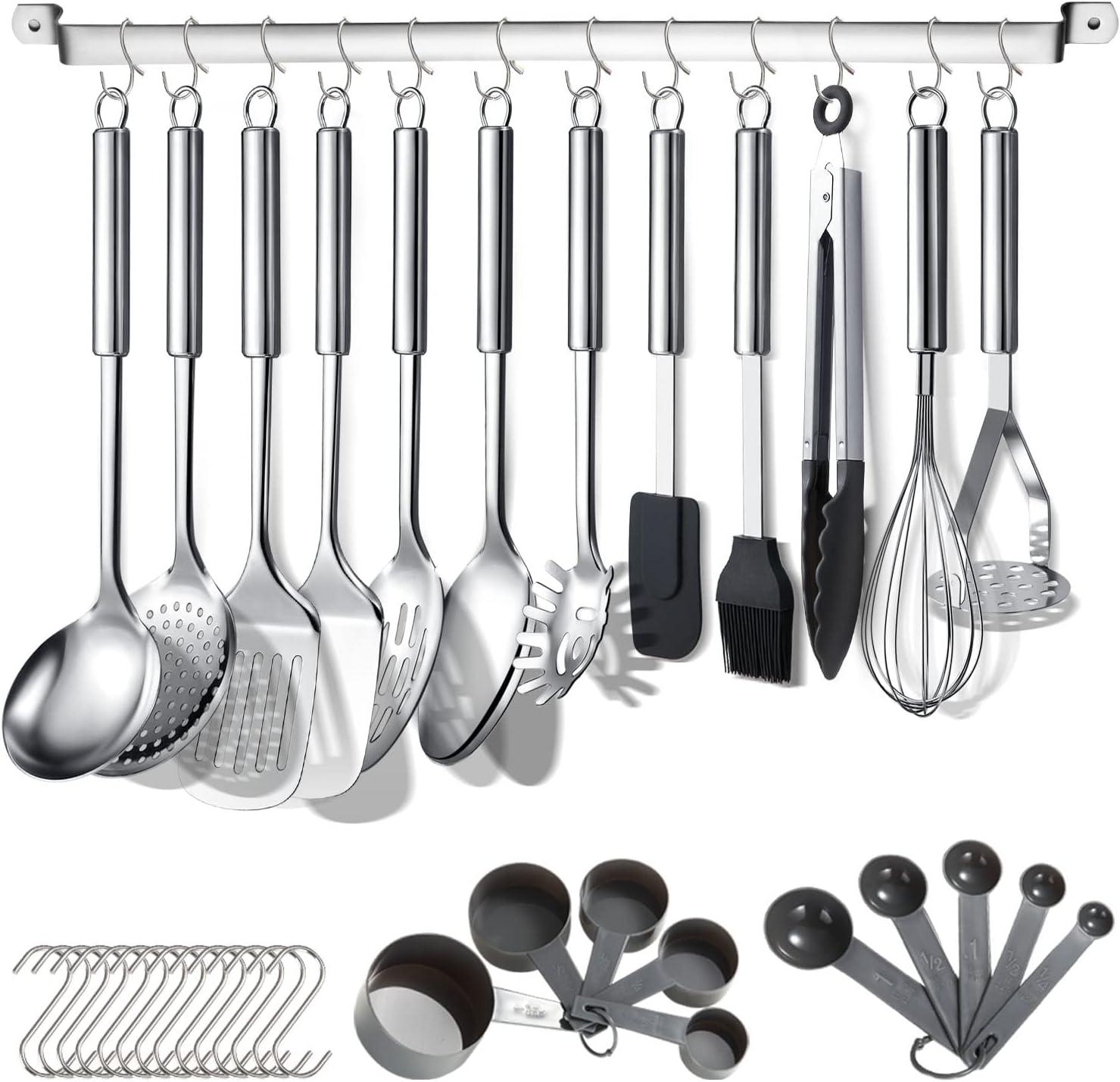 38-Piece Stainless Steel Kitchen Utensil Set with Holder and Hooks