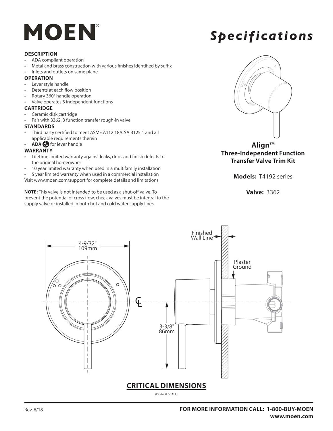 Moen Align Transfer Valve Trim, Valve Required