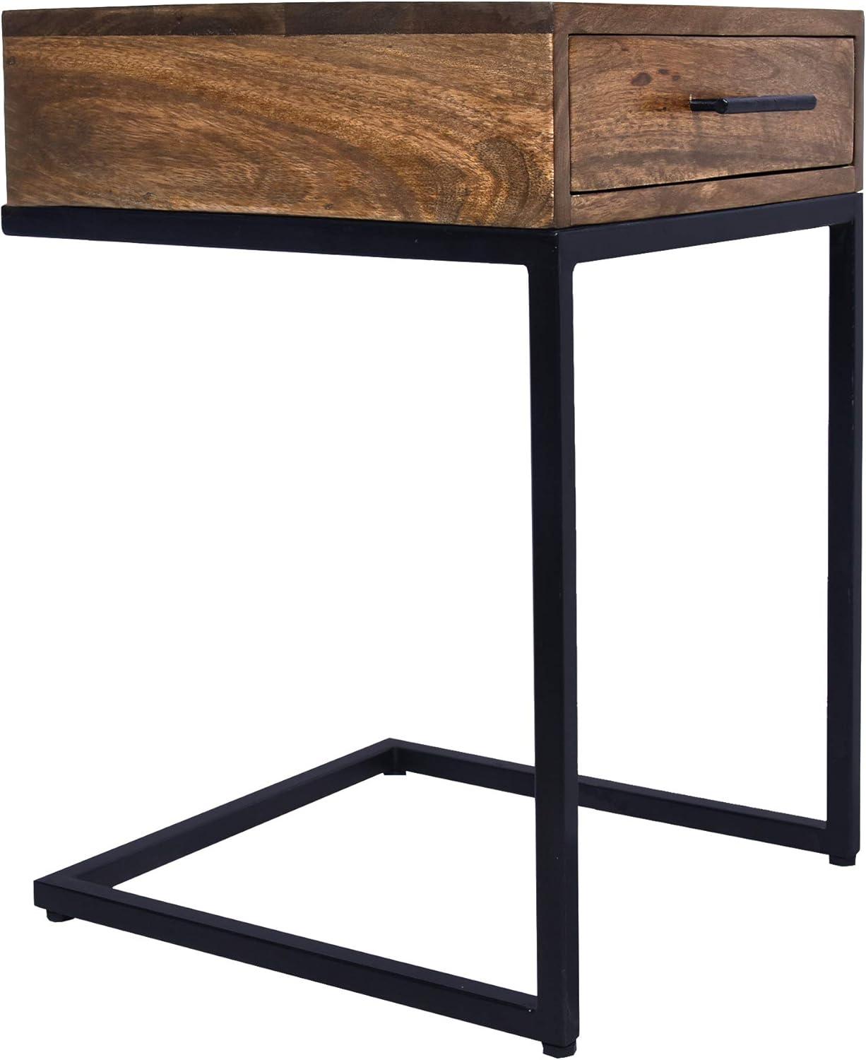 Brown Mango Wood Side Table with Black Iron Base and Drawer