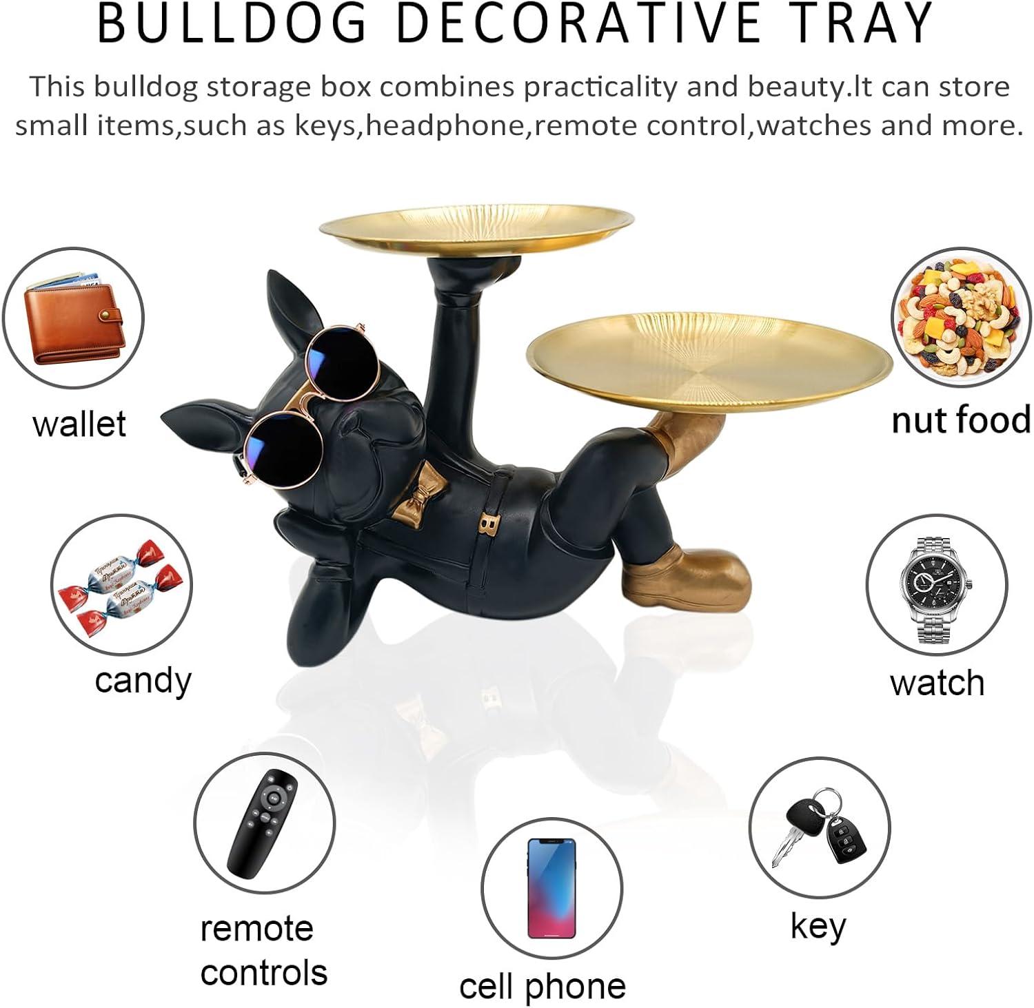 Resin Bulldog Tray Statue, Lying Bulldog Candy Dish Key Holder Bowl, Bulldog Accessories, Statues for Office Desk Home Decor Figurines Entryway Table Decor (Black)