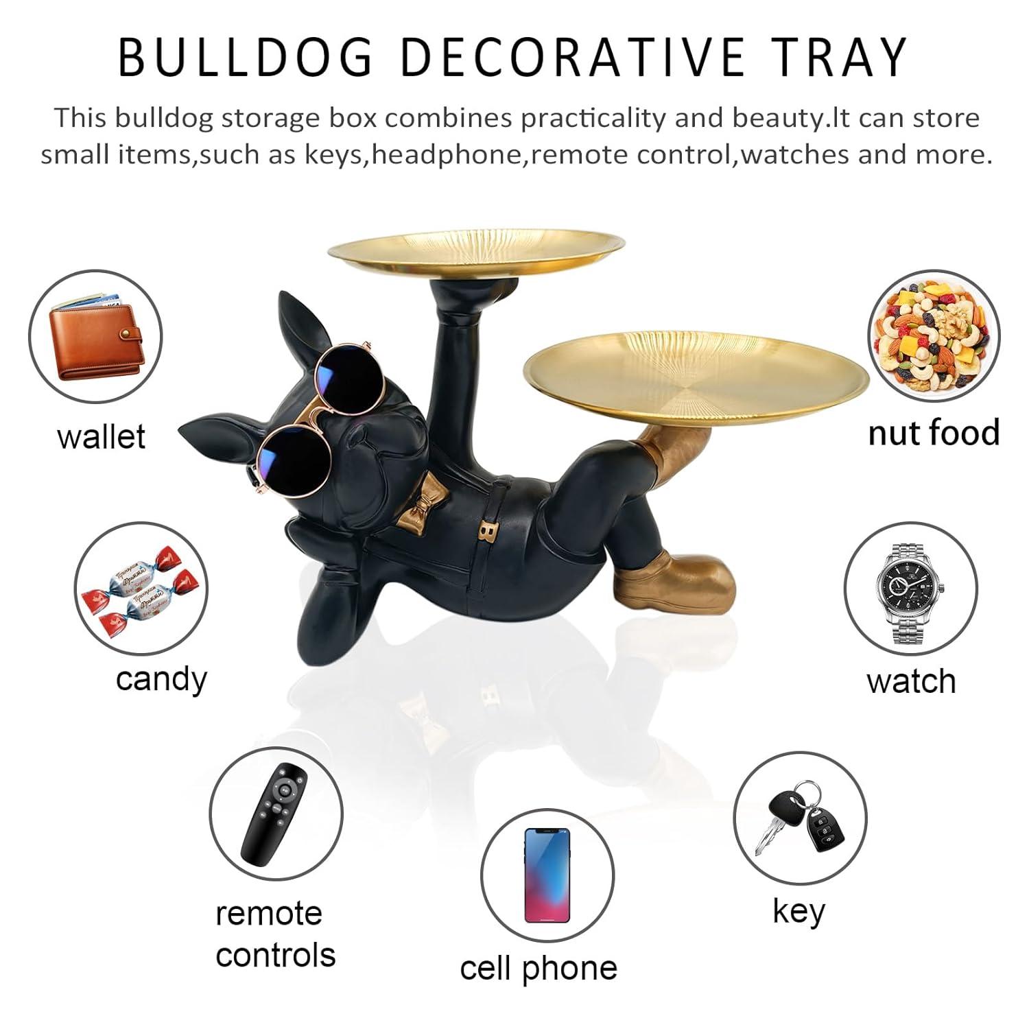Resin Bulldog Tray Statue, Lying Bulldog Candy Dish Key Holder Bowl, Bulldog Accessories, Statues for Office Desk Home Decor Figurines Entryway Table Decor (Black)