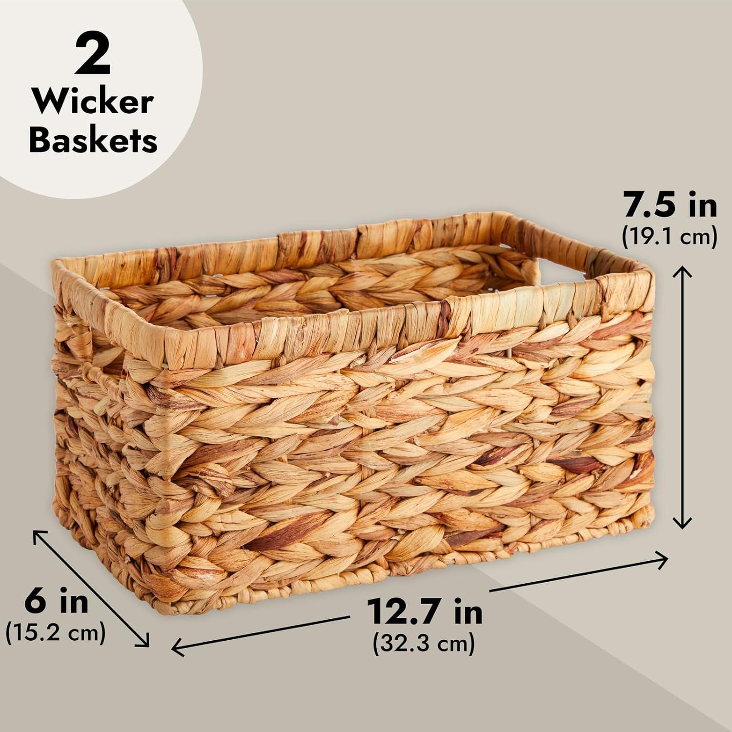 Juvale 2 Pack Small Rectangular Wicker Baskets for Shelves, 6 Inch Wide Hand Woven Water Hyacinth Baskets