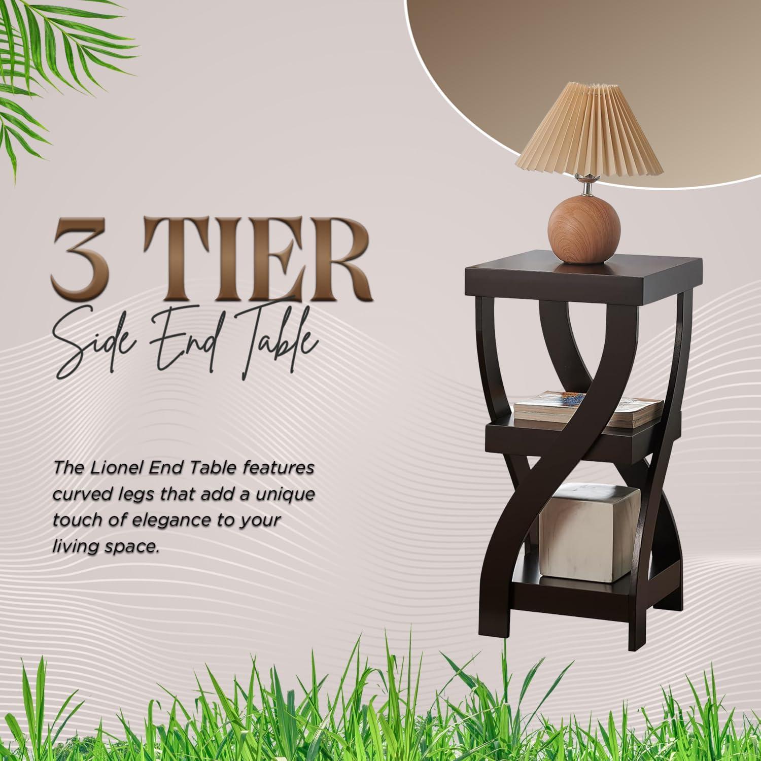 Kings Brand Furniture 3-Tier Wooden End Table with Shelves - Square Nightstand for Bedroom or Bookshelf - Espresso