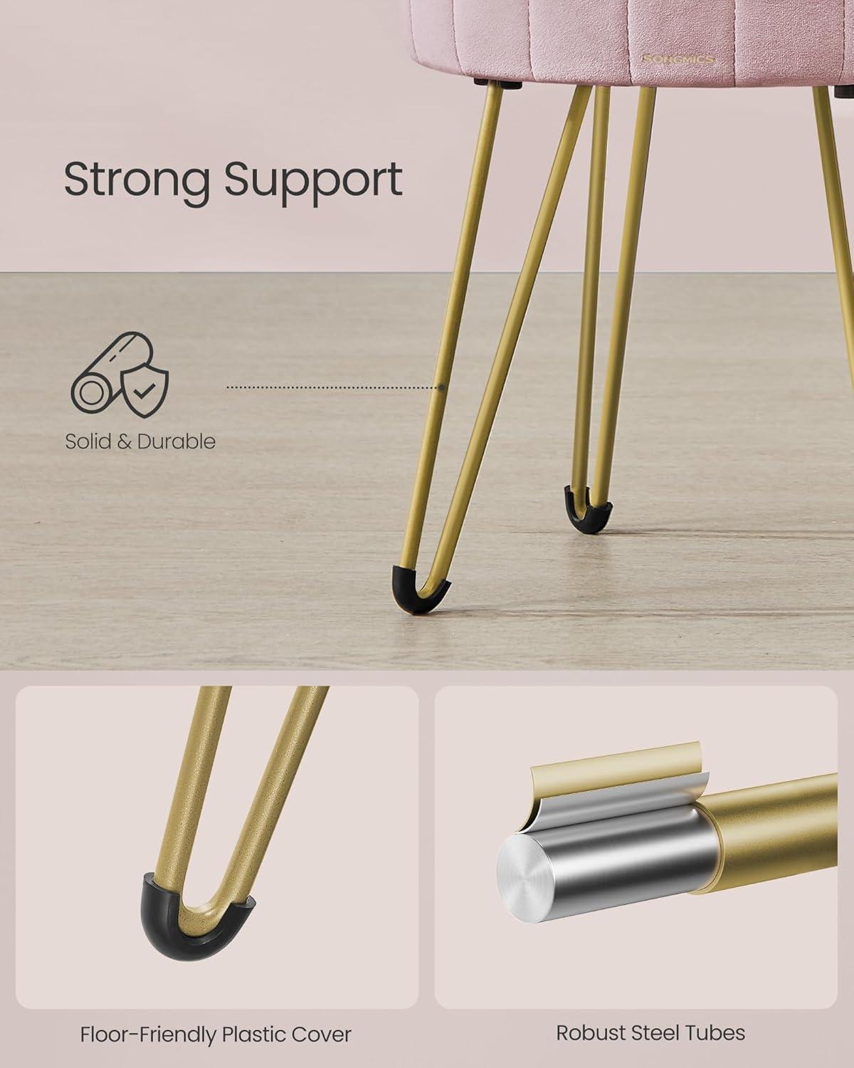 SONGMICS Vanity Stool Chair, Small Ottoman with Storage, Velvet Makeup Stool, 15.4 Dia. x 17.4 H Inches, 4 Metal Legs, for Makeup Room, Living Room, Bedroom, Jelly Pink ULOM003R01