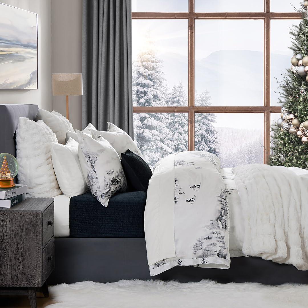 HiEnd Accents Ski Life White Gray Lyocell Ski Season Print Rustic Cabin Lodge Comforter Set