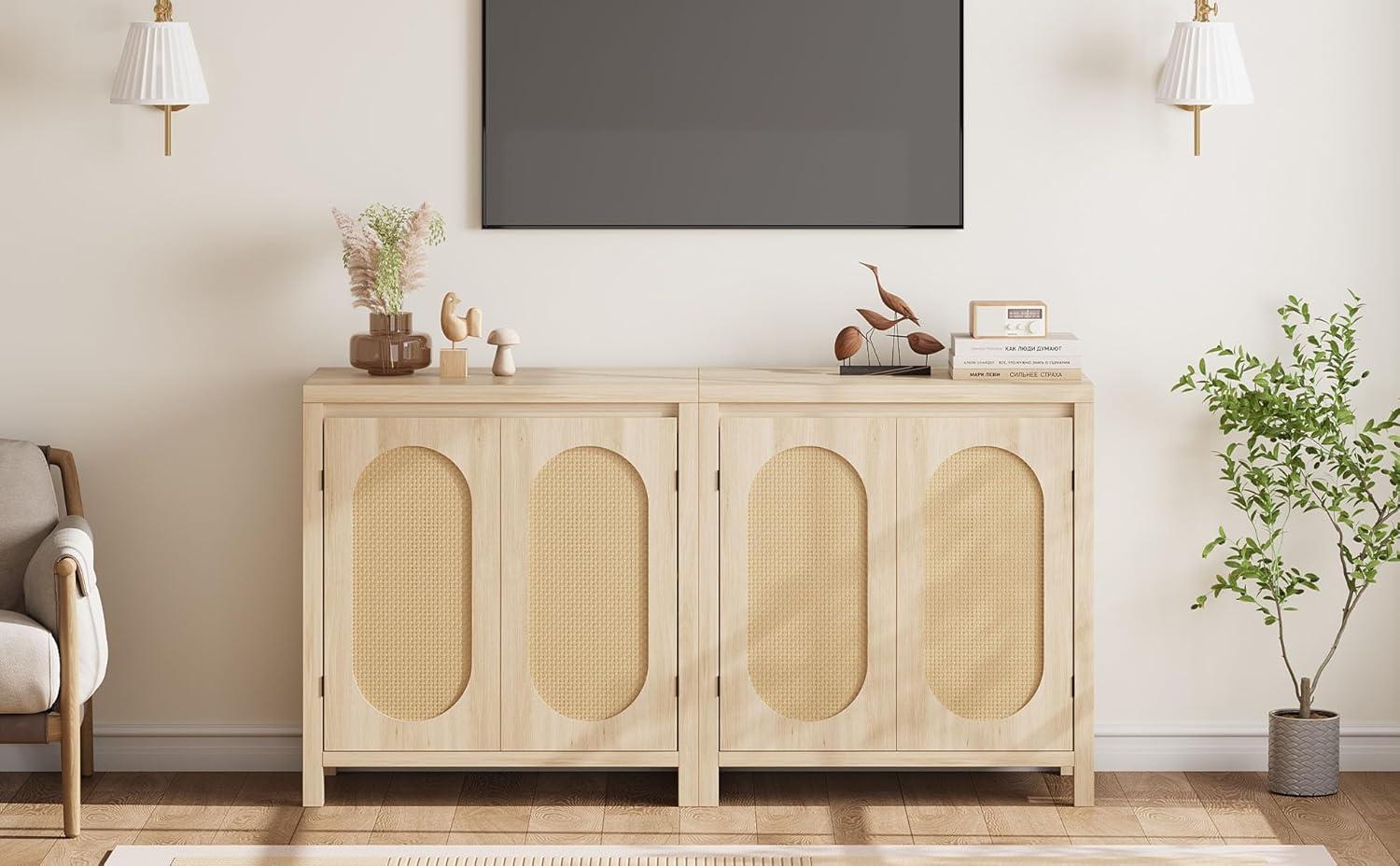 Rattan Storage Cabinet, Wooden Sideboard Buffet Cabinet with Doors and Shelves, Small Console Cabinet with Storage
