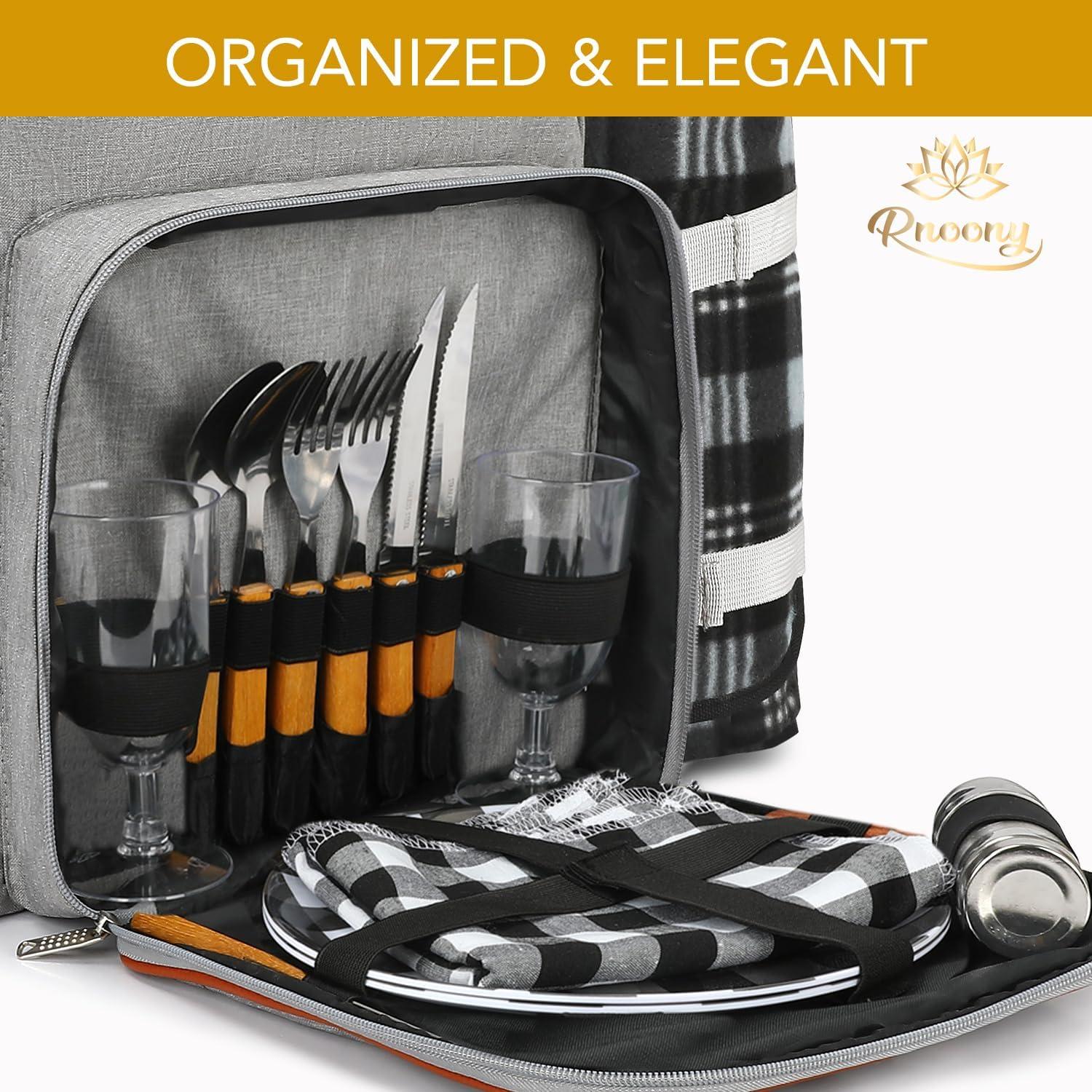 Gray Insulated Picnic Backpack with Blanket and Cutlery Set