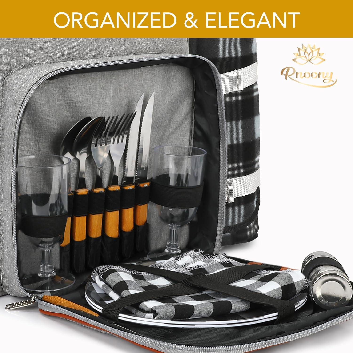 Gray Insulated Picnic Backpack with Blanket and Cutlery Set