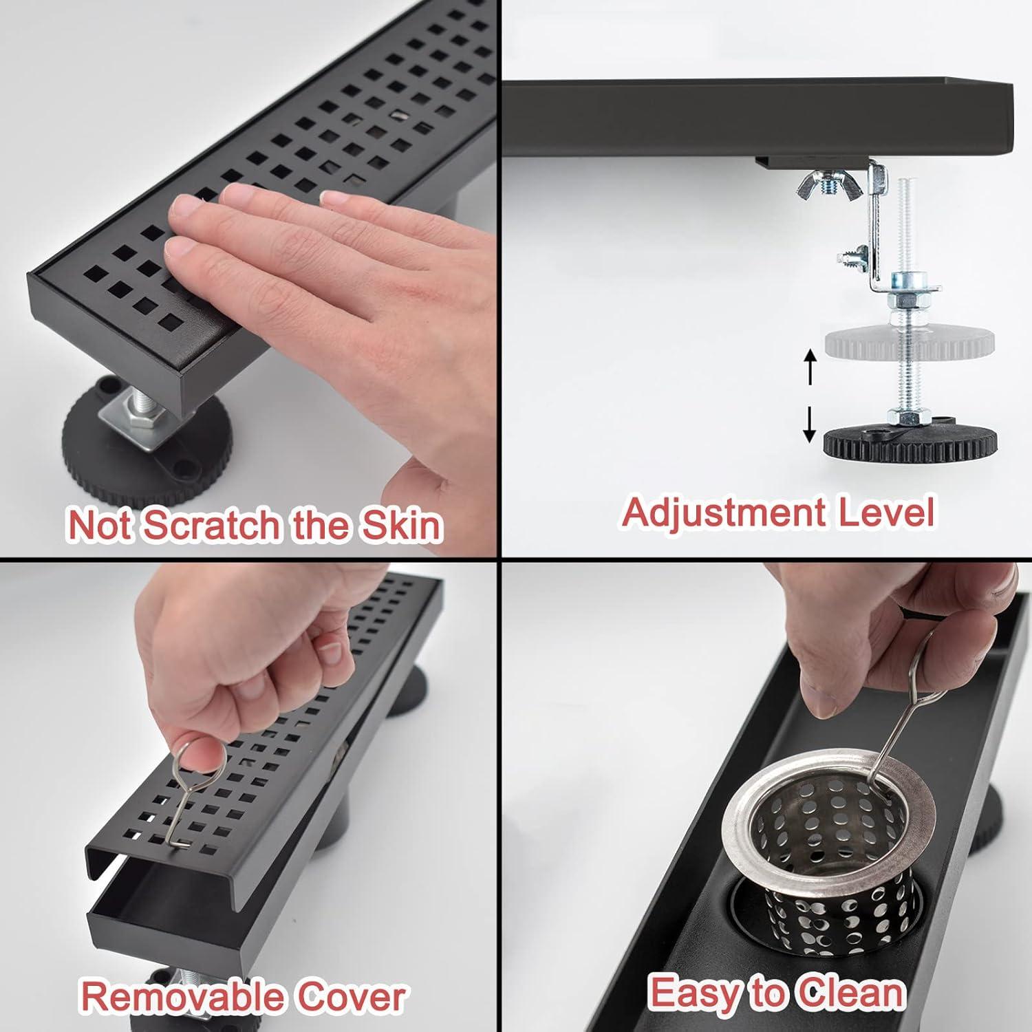 Black Shower Drain, Linear Shower Drain 12 Inch with Square Hole Panel, Matte Black Linear Drain with Hair Strainer and Leveling Feet
