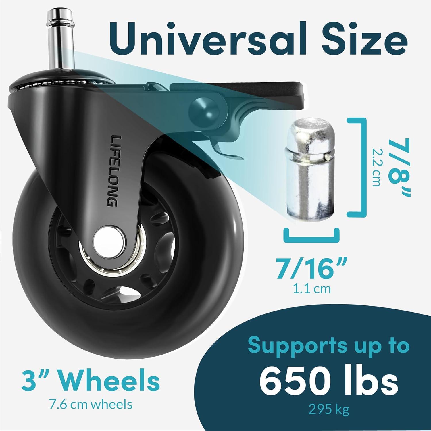 Lifelong Office Chair Caster Wheels for Hardwood Floors and Carpet, Heavy Duty, Universal Fit - Black