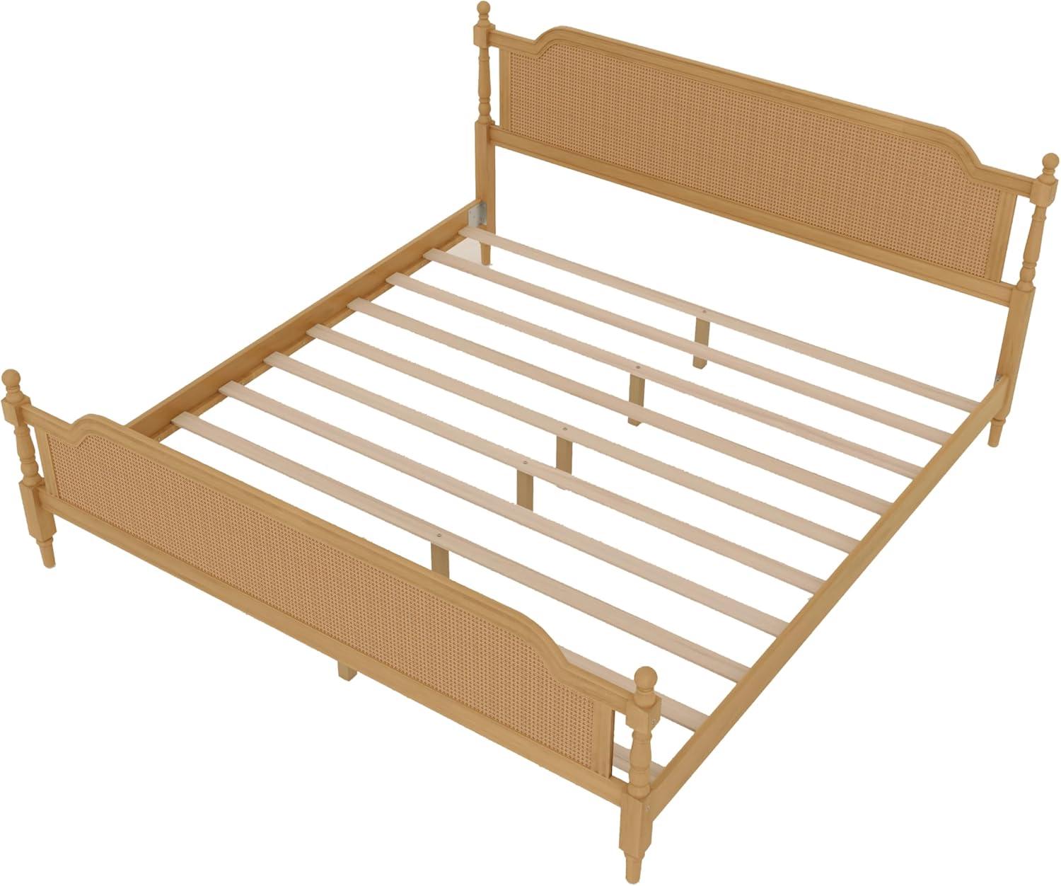Traditional Style Rattan King Size Platform Bed Frame, Wooden Bed Frame with Rattan Headboard and Footboard, Wood Slat Support, No Box Spring Needed, Easy Assembly (Antique Walnut,310)