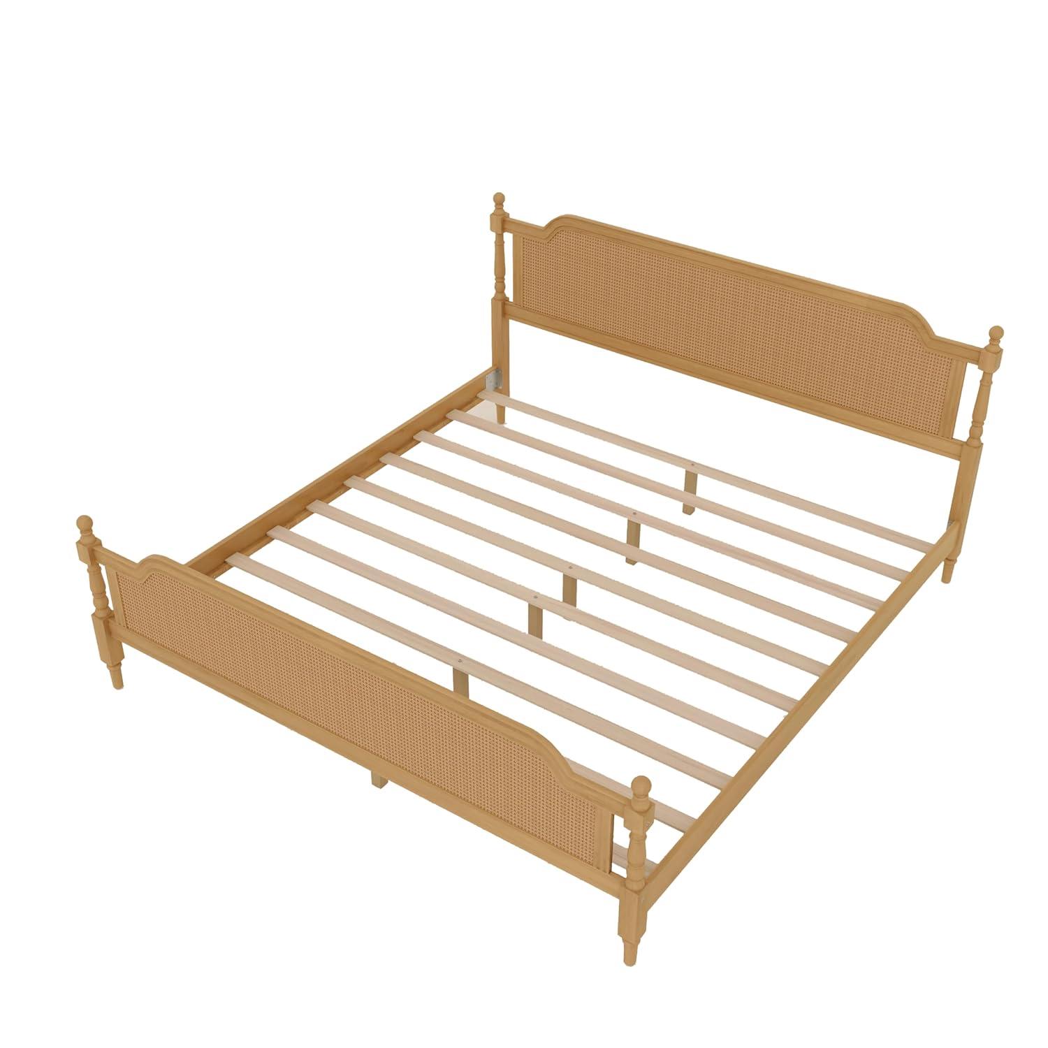 Traditional Style Rattan King Size Platform Bed Frame, Wooden Bed Frame with Rattan Headboard and Footboard, Wood Slat Support, No Box Spring Needed, Easy Assembly (Antique Walnut,310)