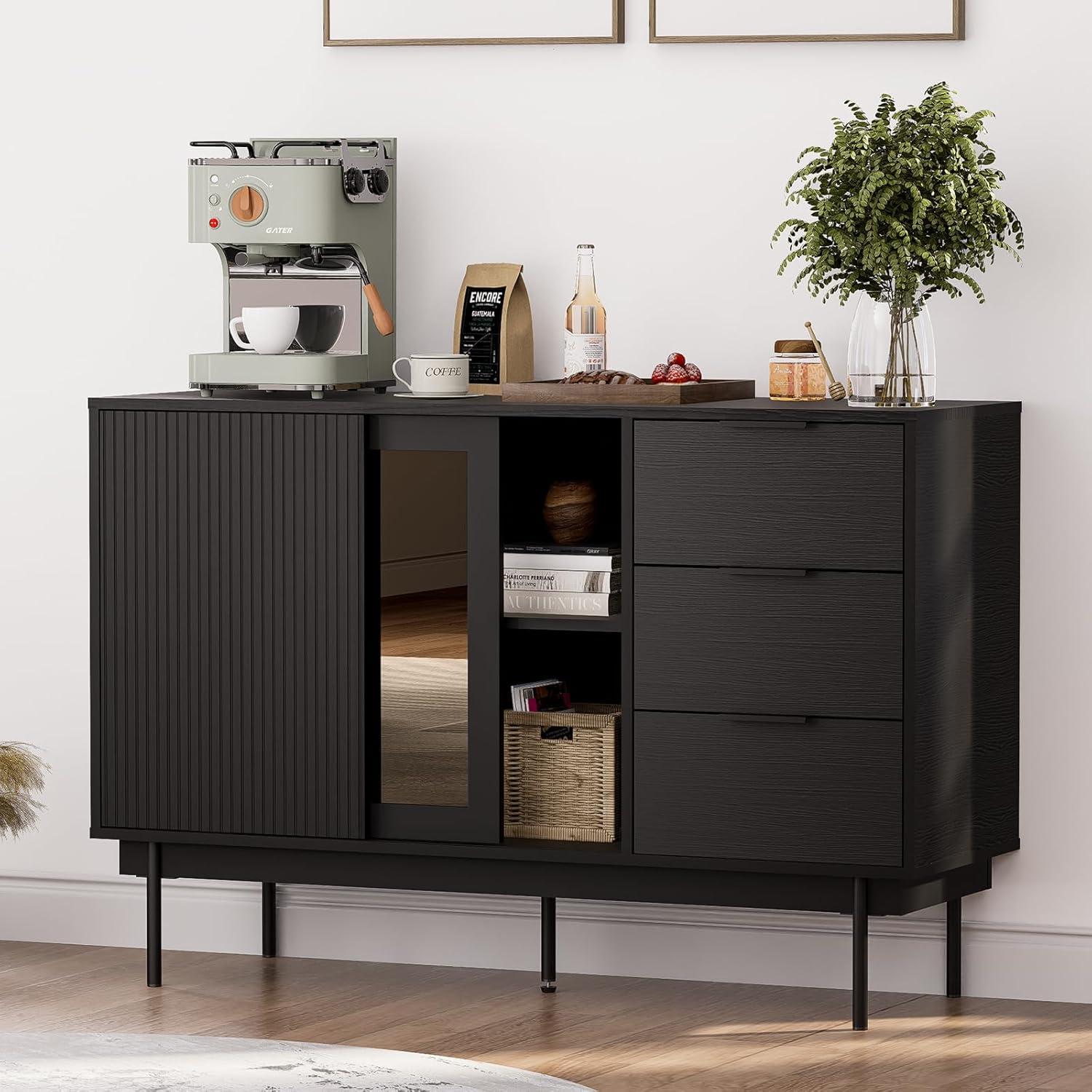 Ebern Designs Ebern Designs Sideboard Anetha, 47" X 31.5" Buffet Anetha With Storage, Black Sideboard With 2 Sliding Doors & 3 Drawers, Wood Coffee Bar Entryway Storage For Living Room