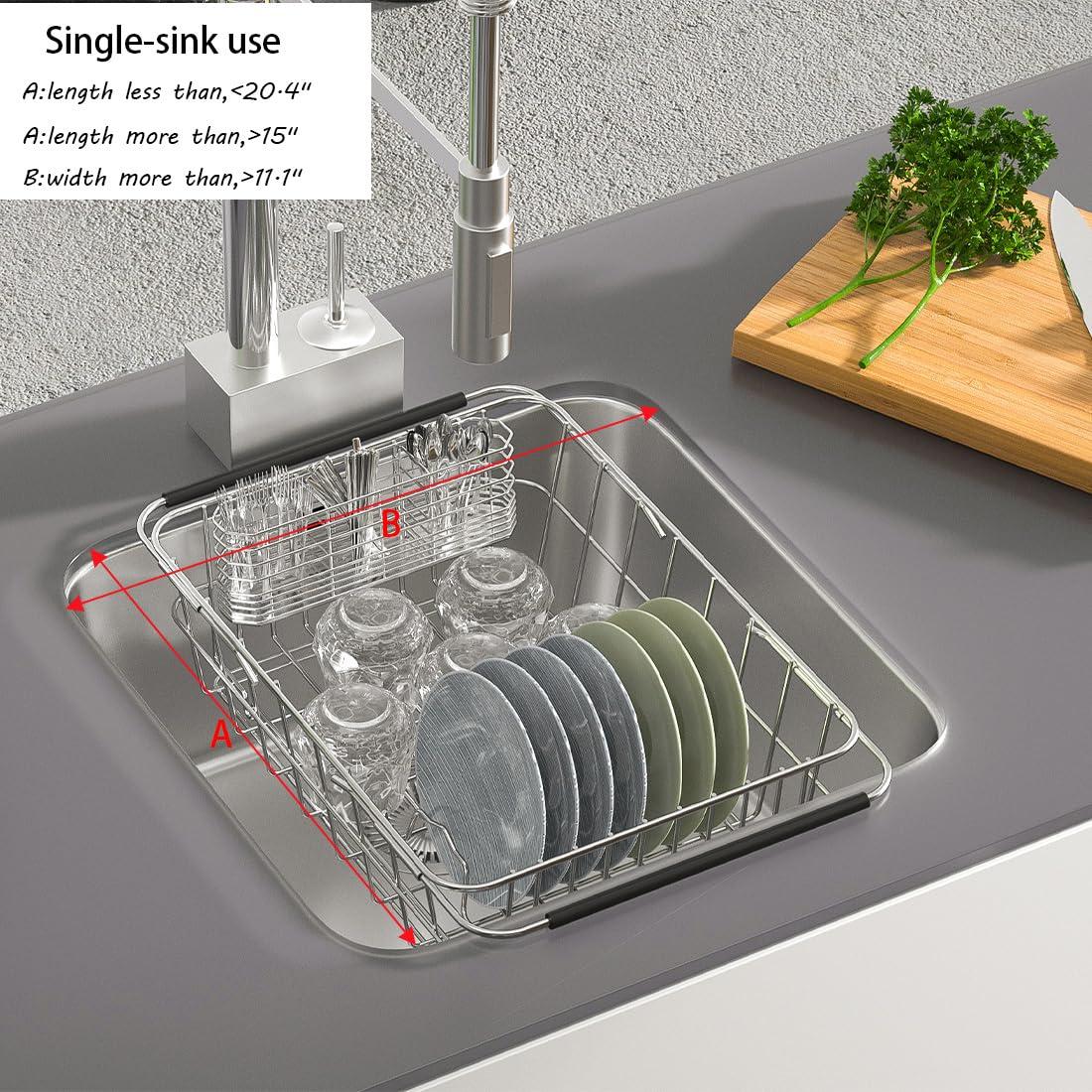 Expandable Sink Dish Drying Rack for Kitchen Counter,Durable 304 Stainless Steel Dish Drainer with Utensil Holder Over Sink,with Utensil Holder-Large(for 2-5 People)