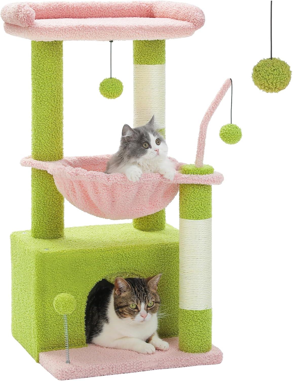 PEQULTI 4-In-1 Multi-Level Cat Tower, 33'' Pink Cat Tree For Indoor Cats With Large Cat Condo, Cat Scratching Post For Cats With Deep Hammock& Cozy Top Perch