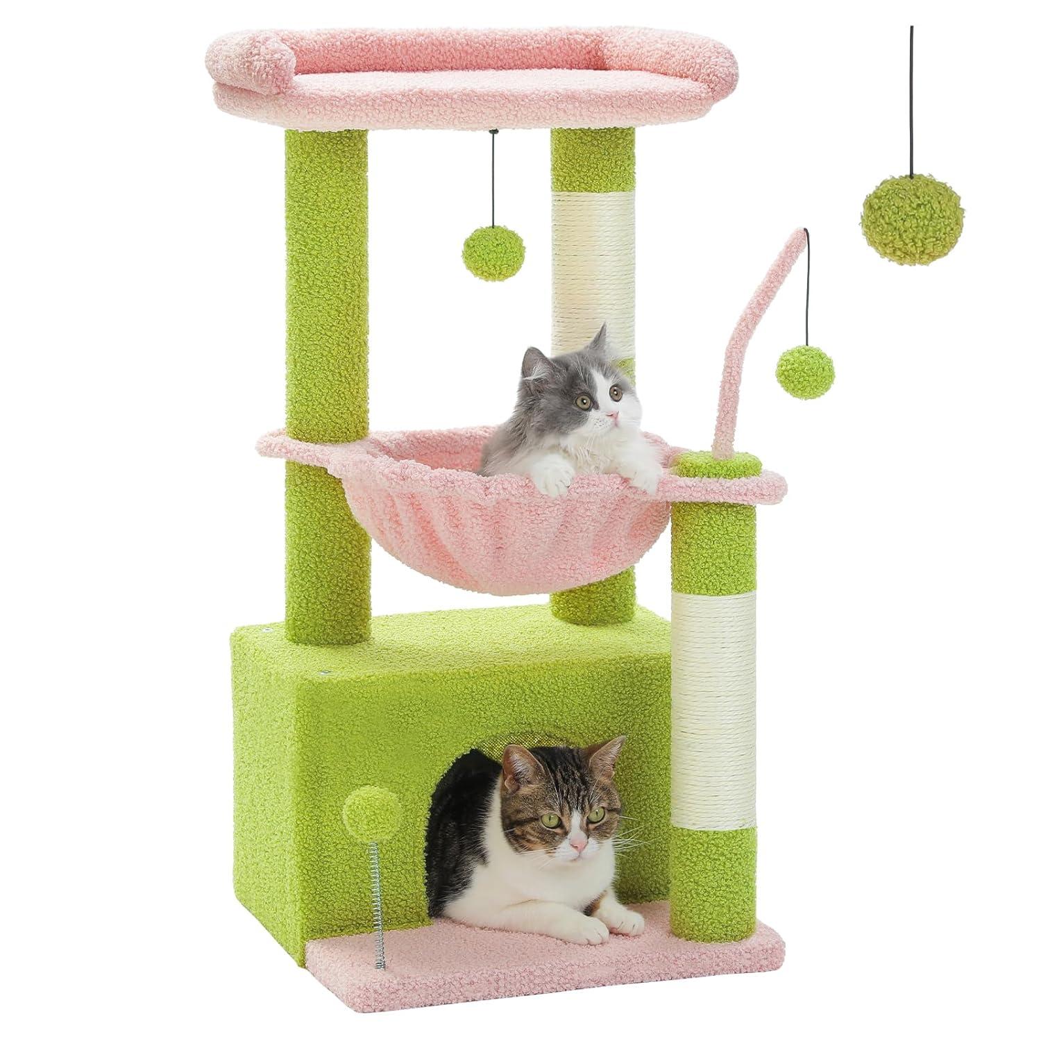 PEQULTI 4-In-1 Multi-Level Cat Tower, 33'' Pink Cat Tree For Indoor Cats With Large Cat Condo, Cat Scratching Post For Cats With Deep Hammock& Cozy Top Perch