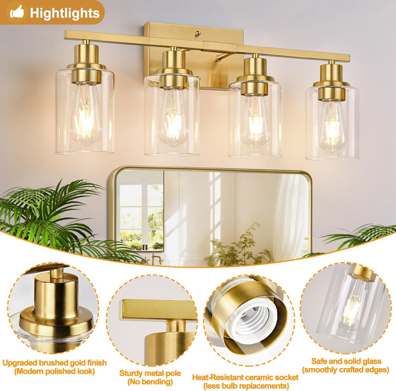 Gold 4-Light Modern Vanity Fixture with Clear Glass Shades