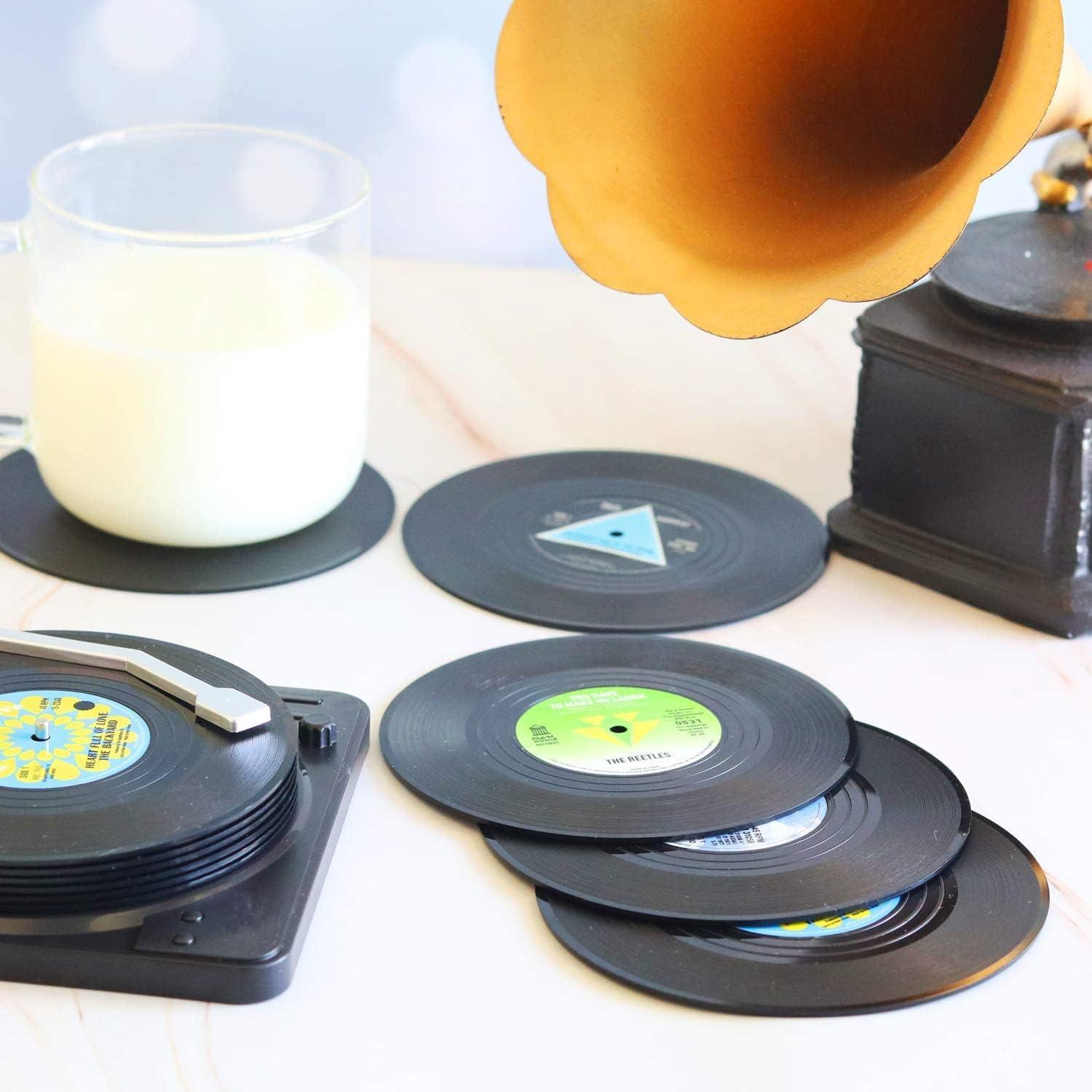 Retro Vinyl Record Coasters with Player Holder Set of 6