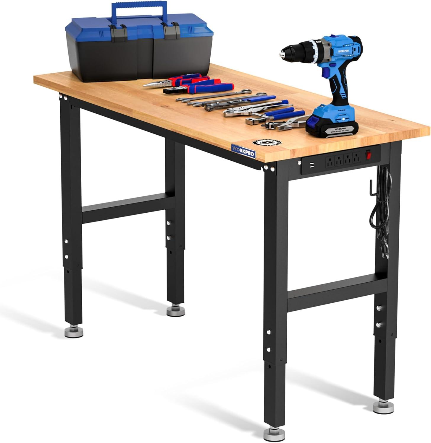 Adjustable Black Steel Workbench with Rubber Wood Top and Power Outlets