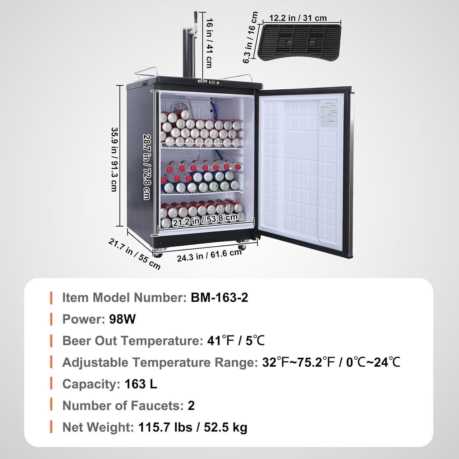 VEVOR VEVOR 5.7 Cubic Feet Silver Dual Tap Freestanding Kegerator with Adjustable Temperature
