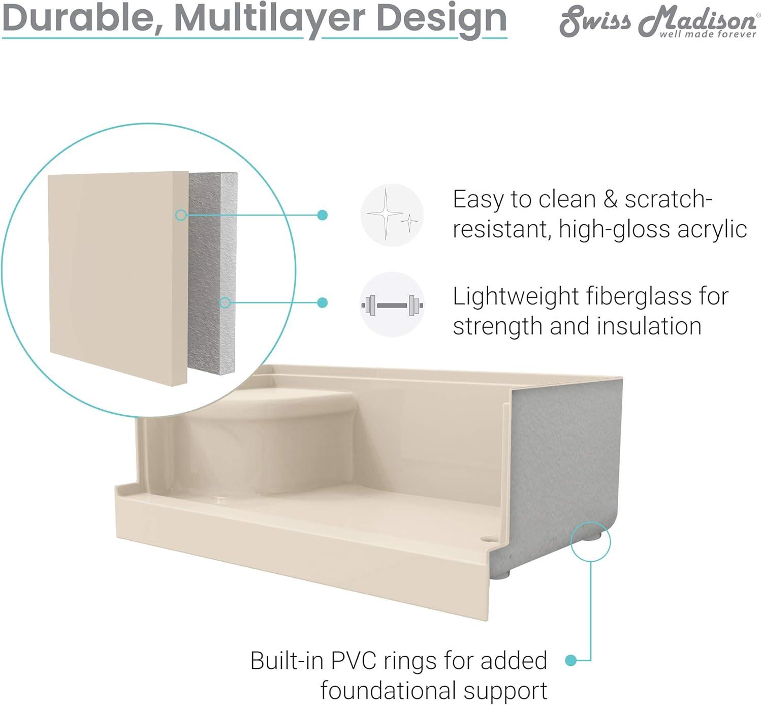 Swiss Madison Aquatique 60" x 32" Single Threshold Shower Base With Right Hand Drain and Integral Left Hand Seat  SM-SB538BV
