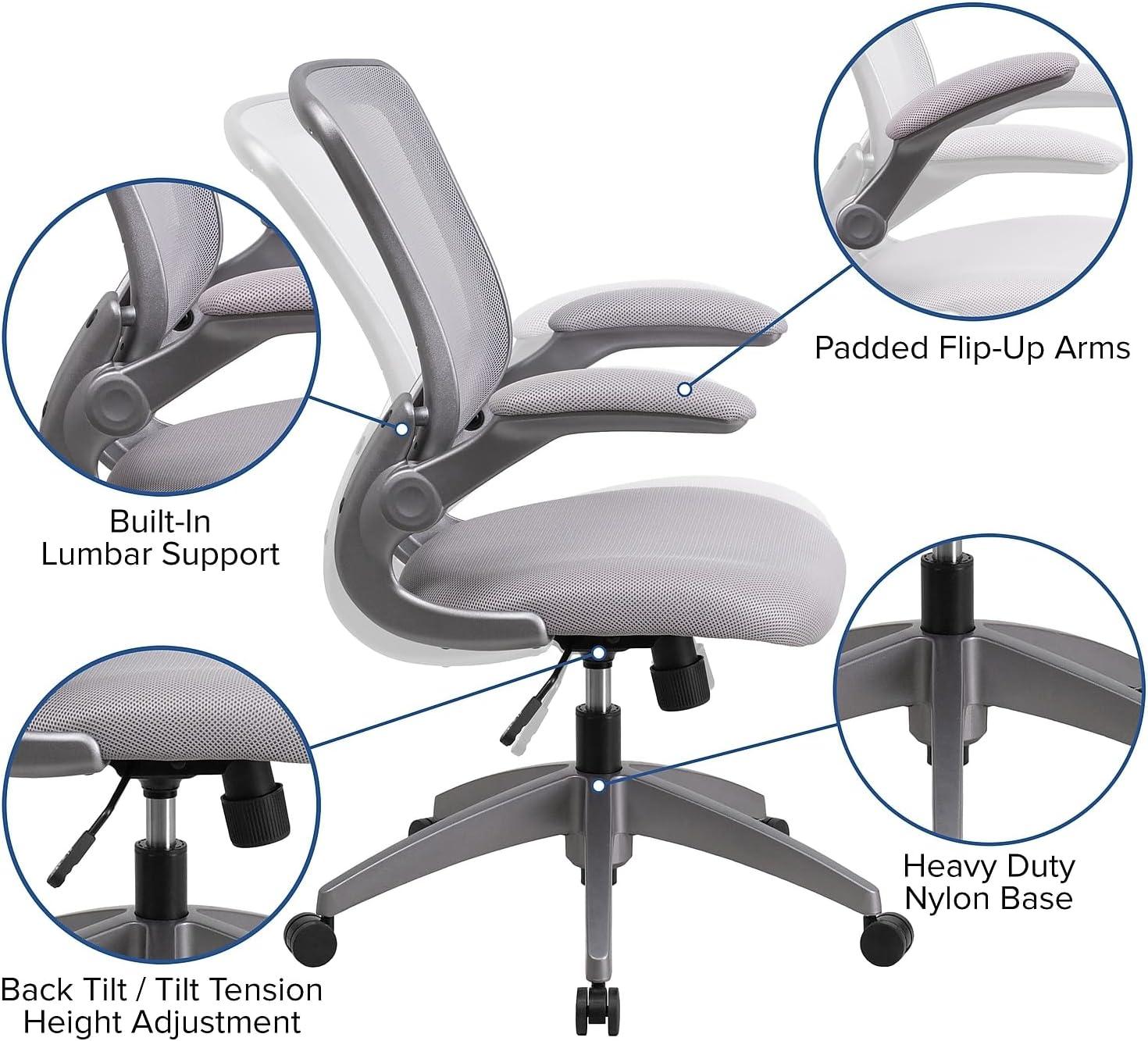 Flash Furniture Mid-Back Gray Mesh Swivel Ergonomic Task Office Chair with Gray Frame and Flip-Up Arms
