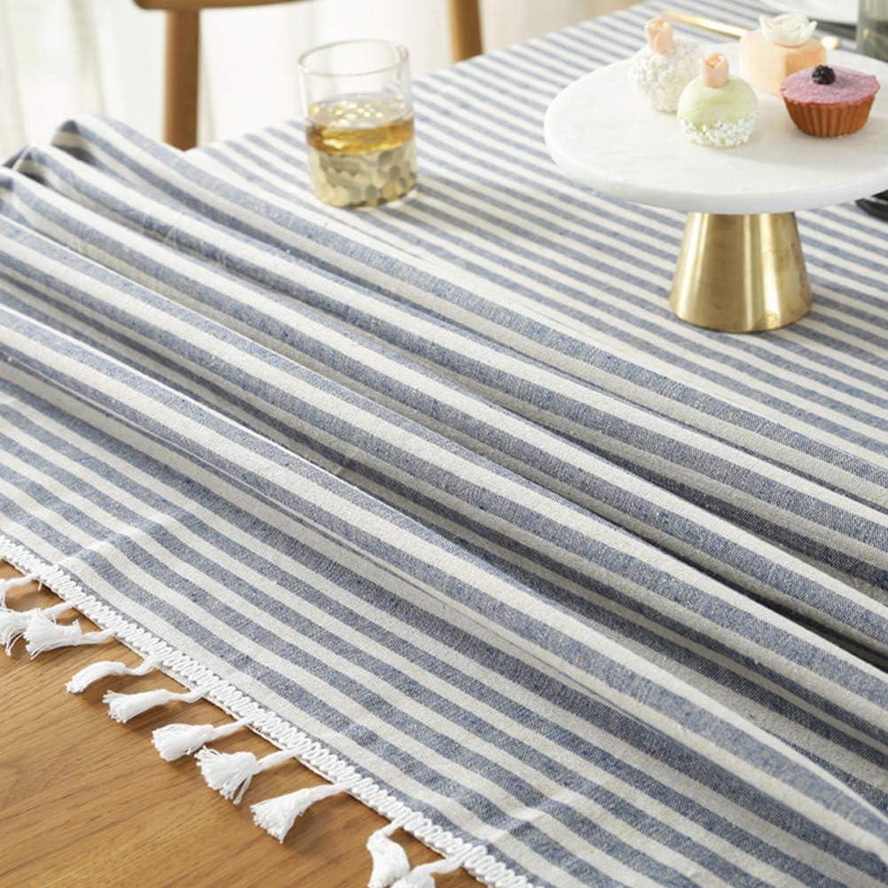 AMZALI Stripe Tassel Tablecloth Cotton Linen Stain Resistant/Dust-Proof Waterproof Table Cover for Kitchen Dinning Tabletop Decoration (Rectangle/Oblong,55 x 87 Inch, Blue)