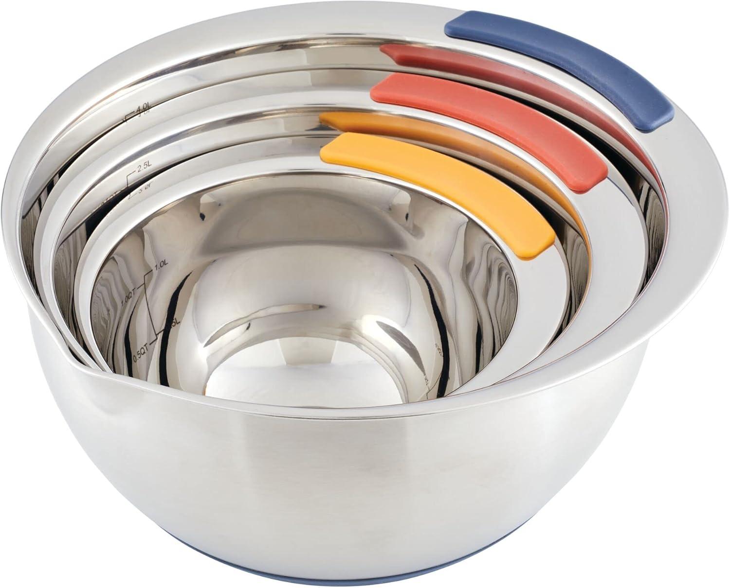 Ayesha Curry Pantryware Stainless Steel Nesting Mixing Bowls Set, 3-Piece, Silver With Color Accent Handles