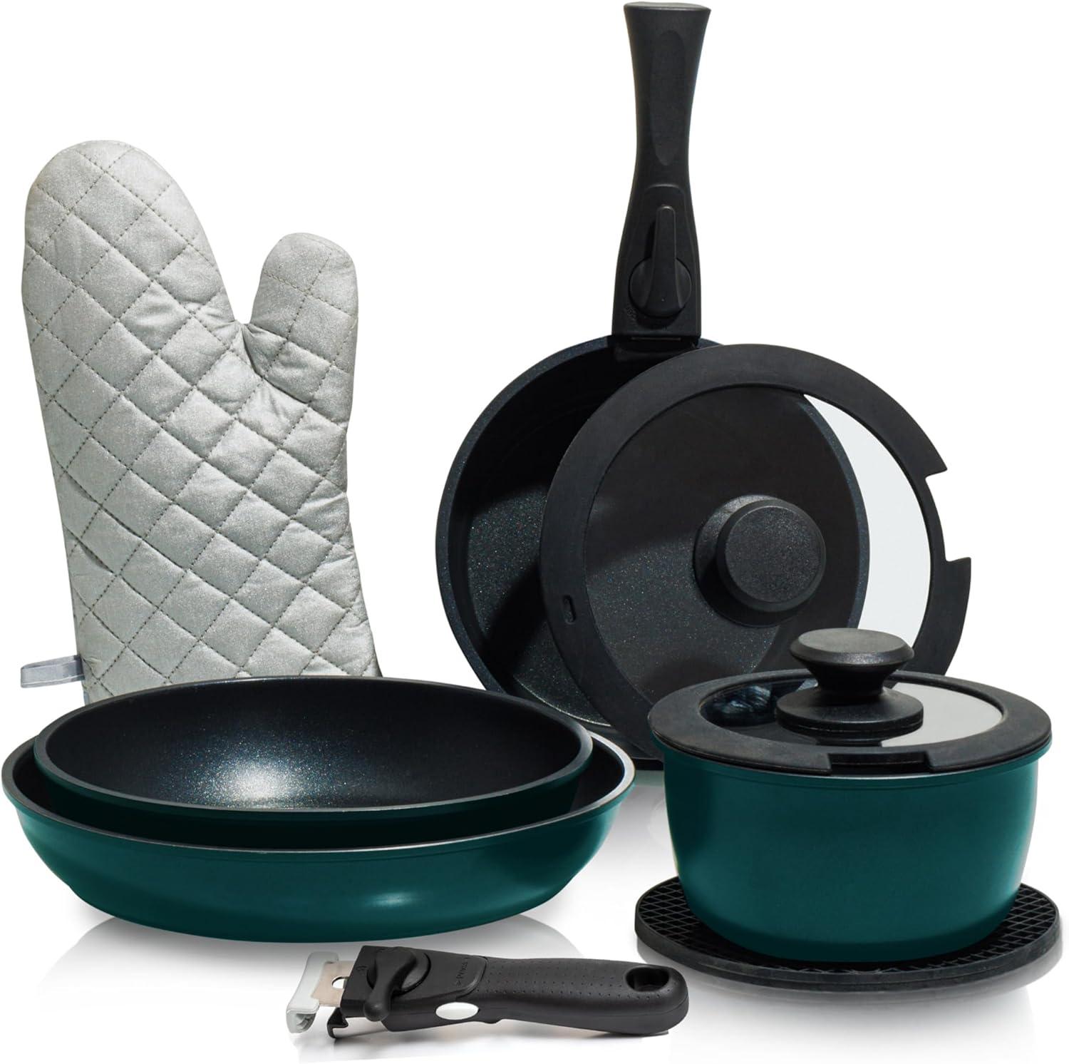 Moss & Stone 10 Pcs Blue Pots And Pans Set Removable Handle, Induction Cookware Set, Stackable Pots And Pans Set Dishwasher Safe, Detachable Handle Pots And Pans, Camping Cookware Set Non Stick