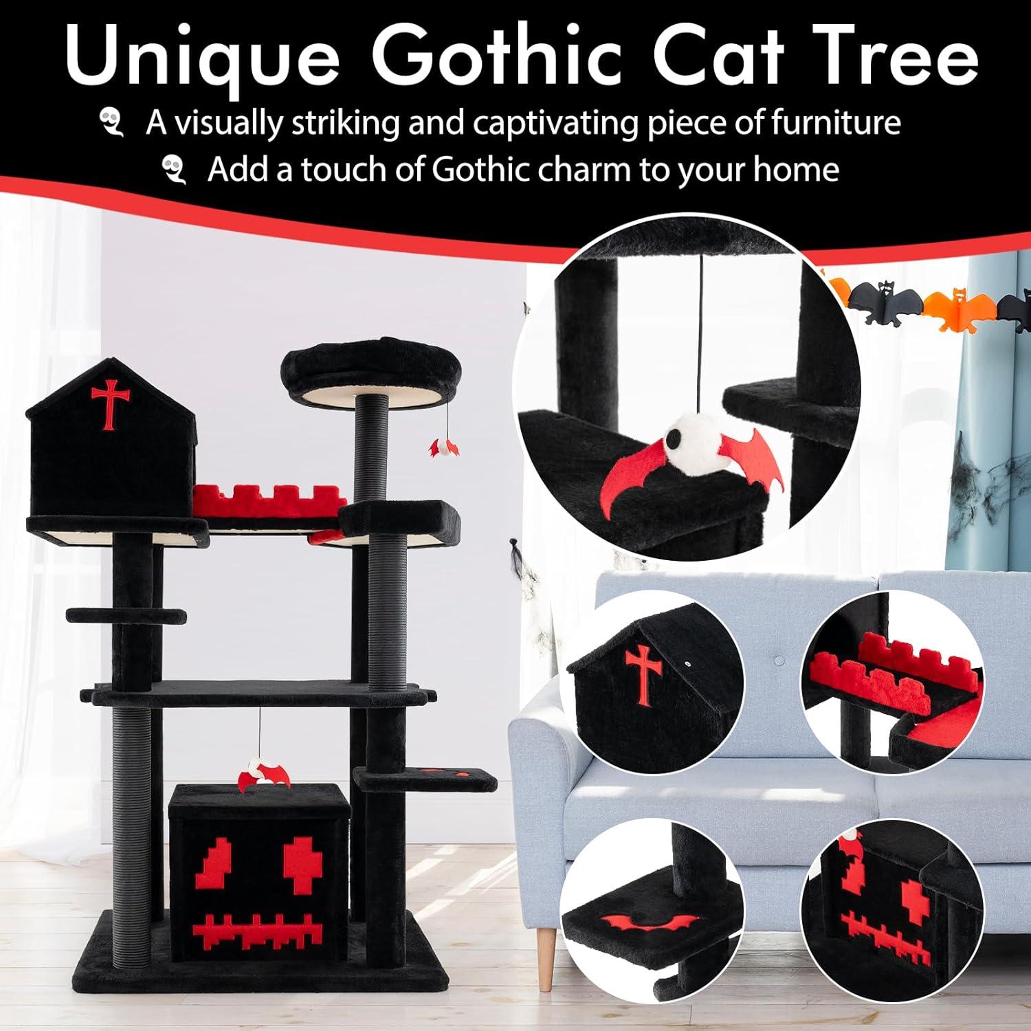Tangkula Gothic Cat Tree 49" Tall Cat Tower w/ Coffin Bed & 2 Condos & Cozy Perch