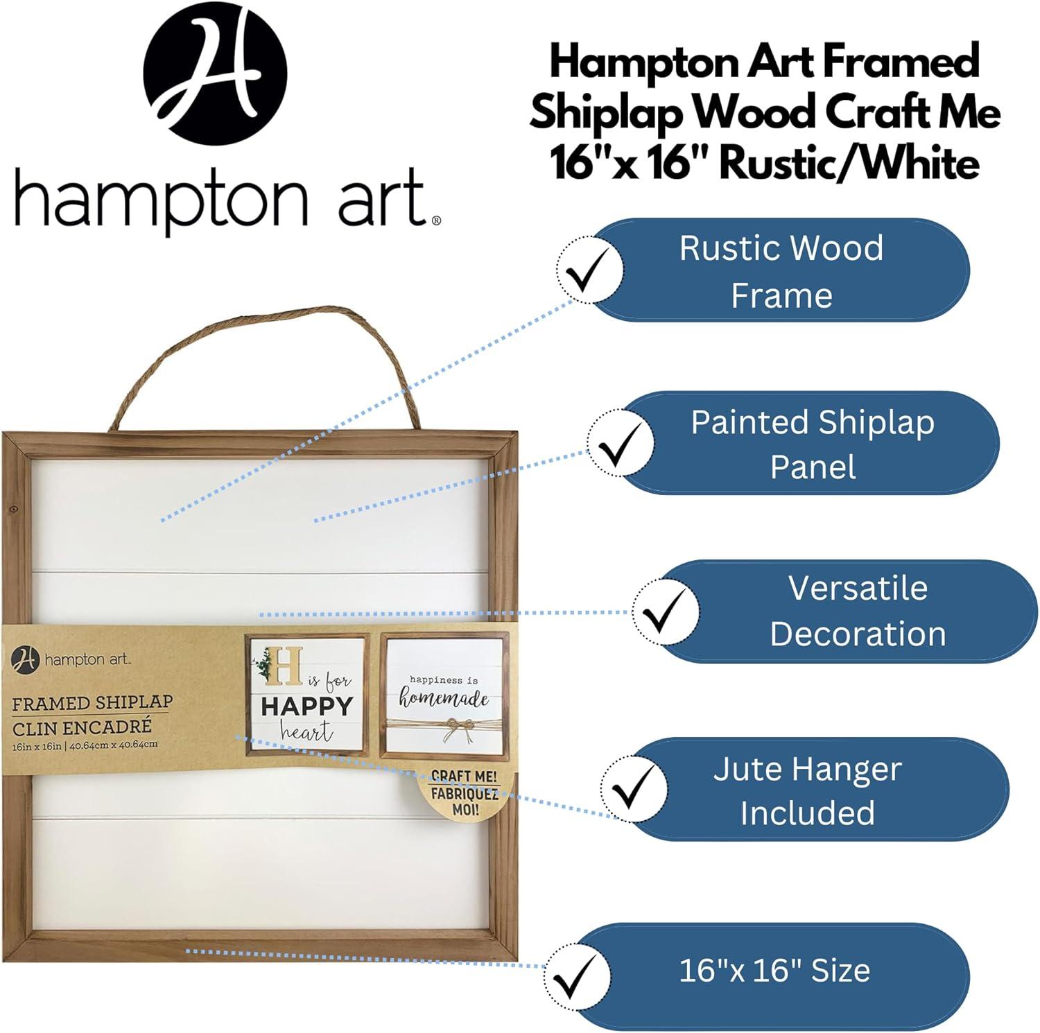 Hampton Art Rustic Frame Shiplap 16" x 16" White, easy to decorate, paint, embellish, stencil, and more, jute rope is attached to the reverse side for hanging