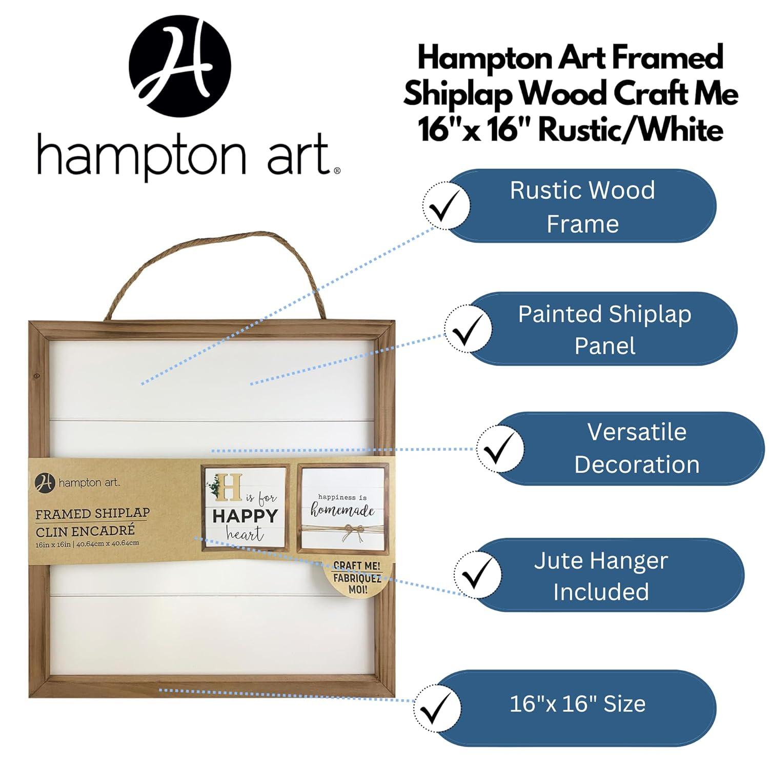 Hampton Art Rustic Frame Shiplap 16" x 16" White, easy to decorate, paint, embellish, stencil, and more, jute rope is attached to the reverse side for hanging