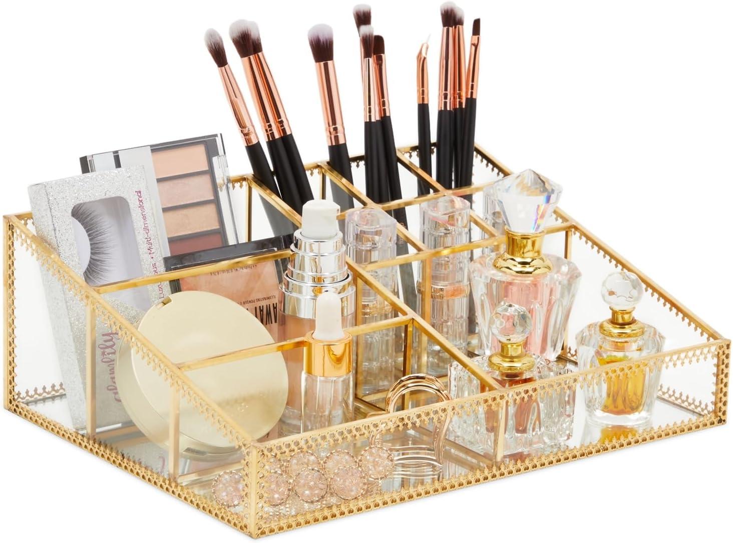 Gold Trim Glass Makeup Organizer with 10 Compartments