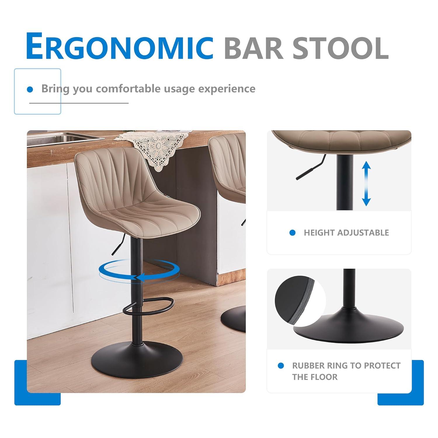 Khaki Adjustable Swivel Faux Leather Bar Stools with Metal Base
