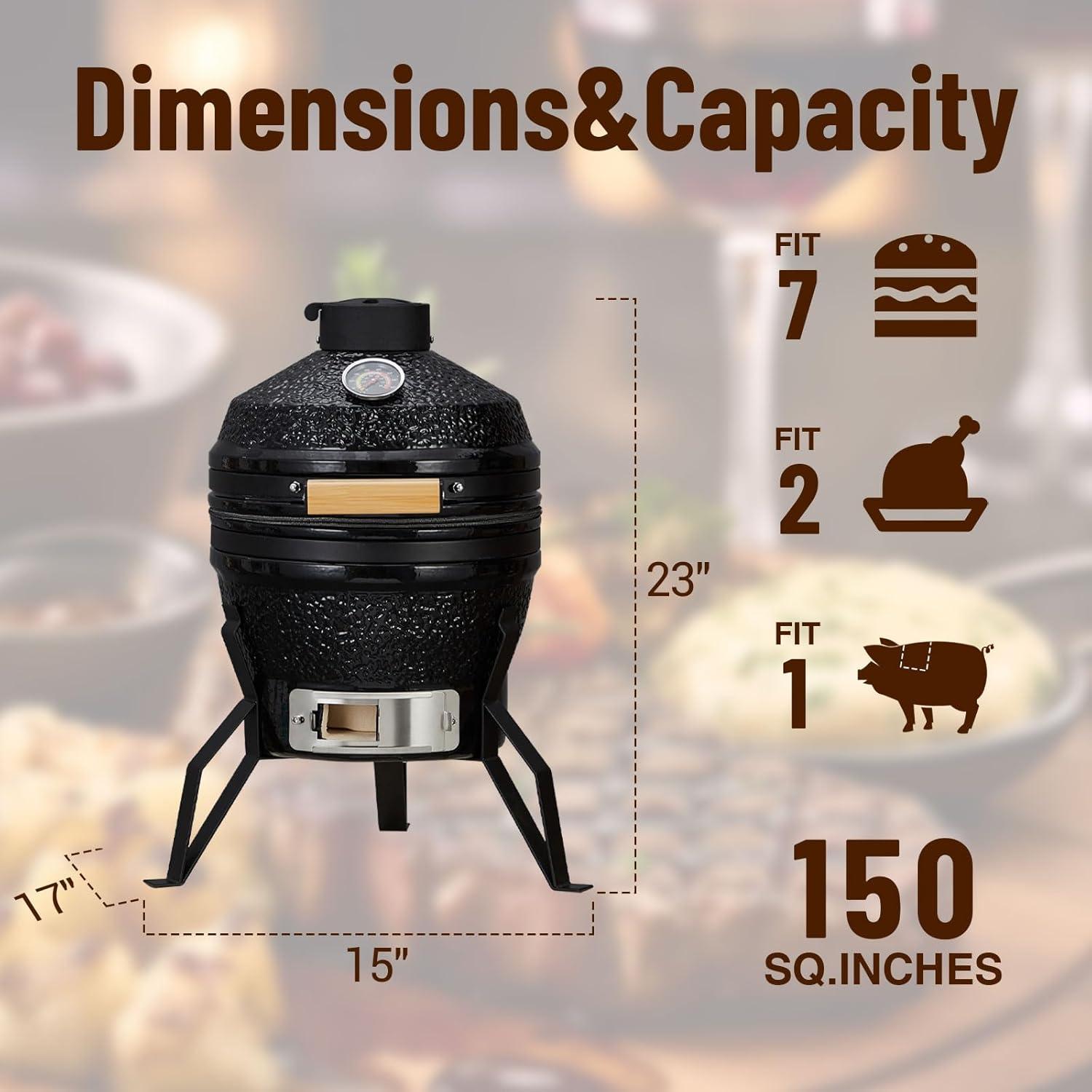 13-Inch Portable Ceramic Charcoal Grill with Grill Stand, Egg Shaped Ceramic Charcoal Grill w 10.6" Stainless Steel Cooking Grate, Heat Deflectors and Ash Tool for Outdoor Barbecue, Baking