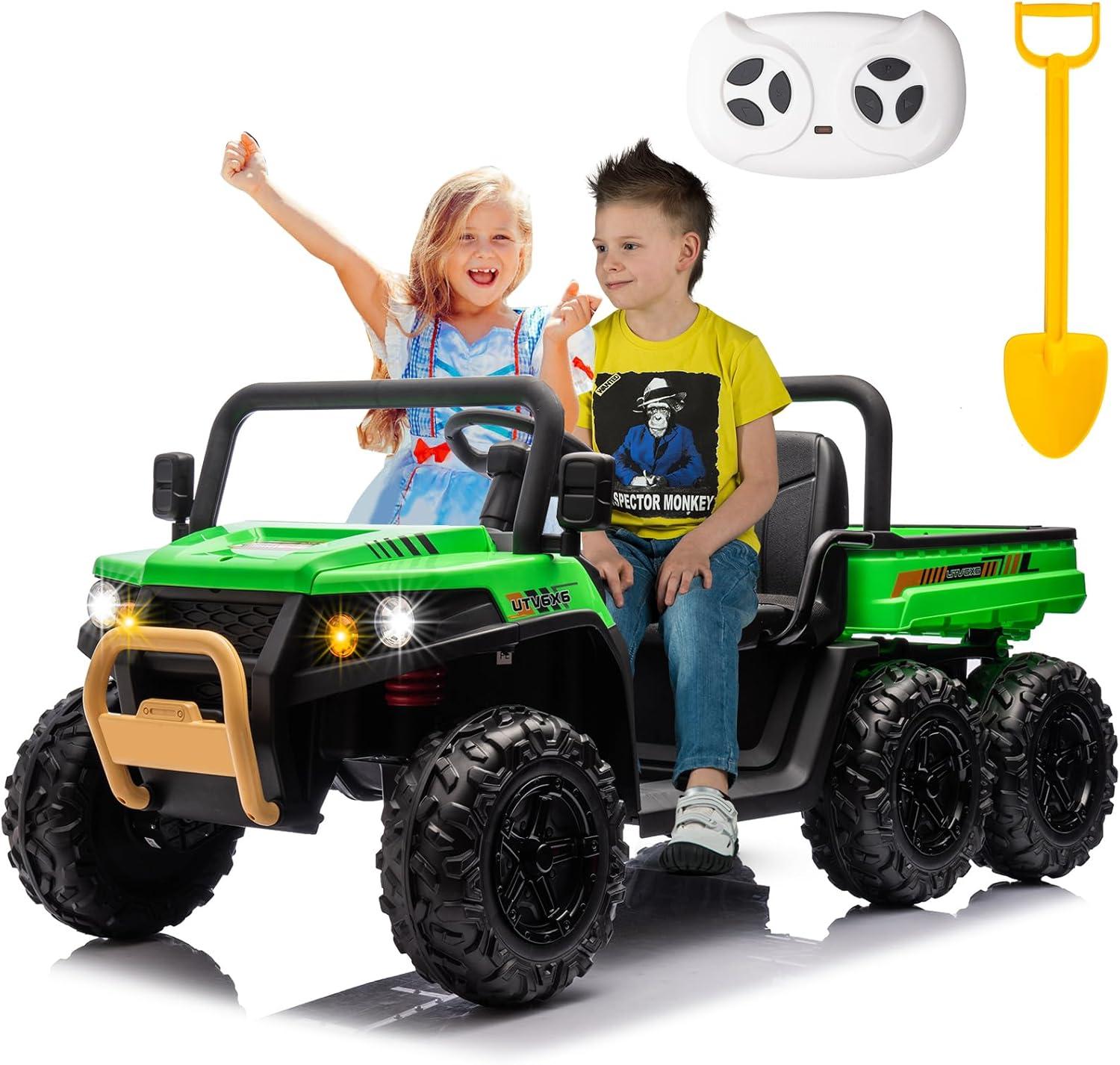 24V Ride on Toys with Remote Control, 2 Seater Electric Powered Ride on Dump Truck , 4WD 6-Wheel UTV Car w/ Tipping Bucket Trailer, Shovel, Suspension, Bluetooth Music, Big Kids, Green