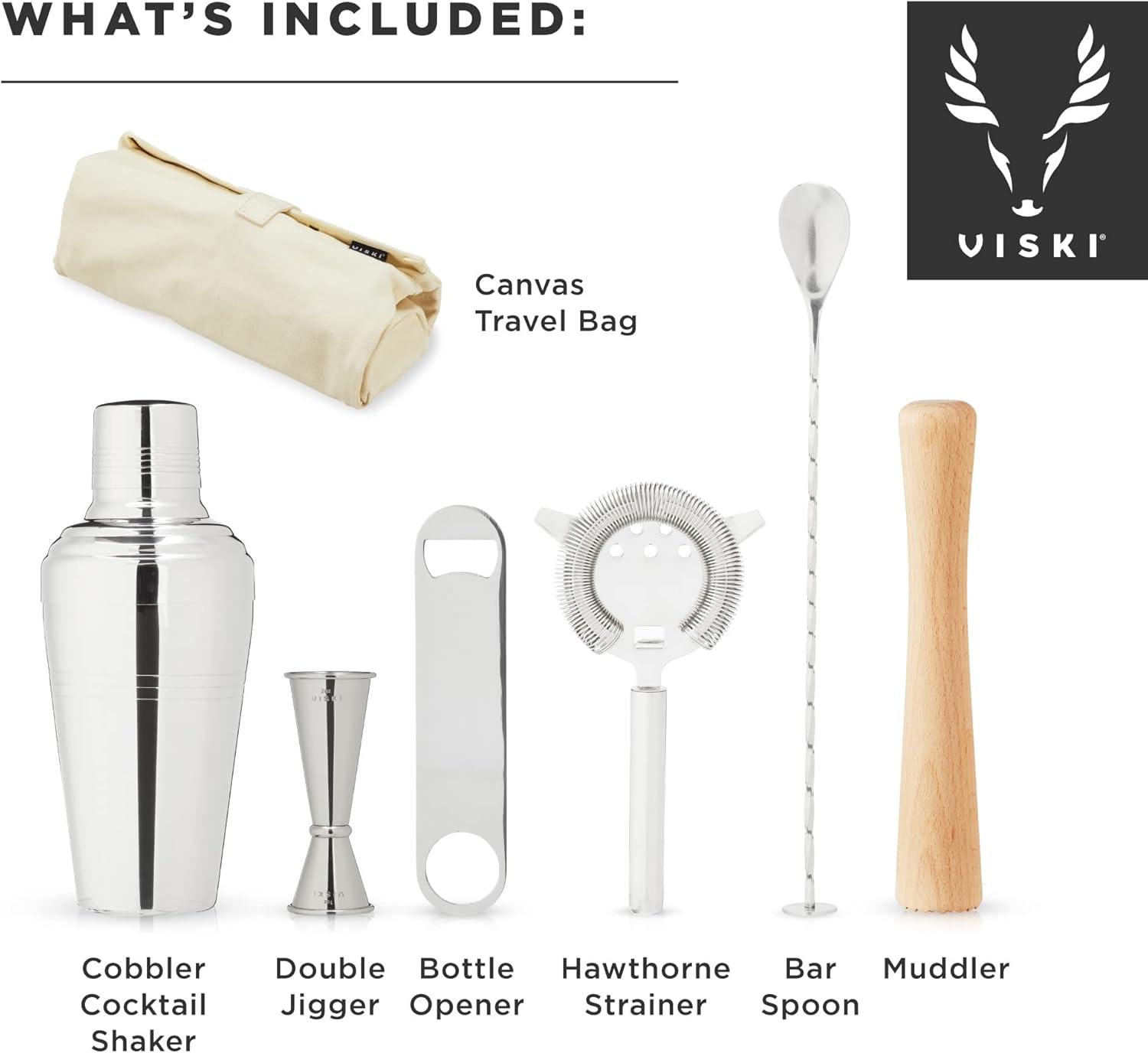 Viski 7-Piece Stainless Steel Travel Bar Barware Set