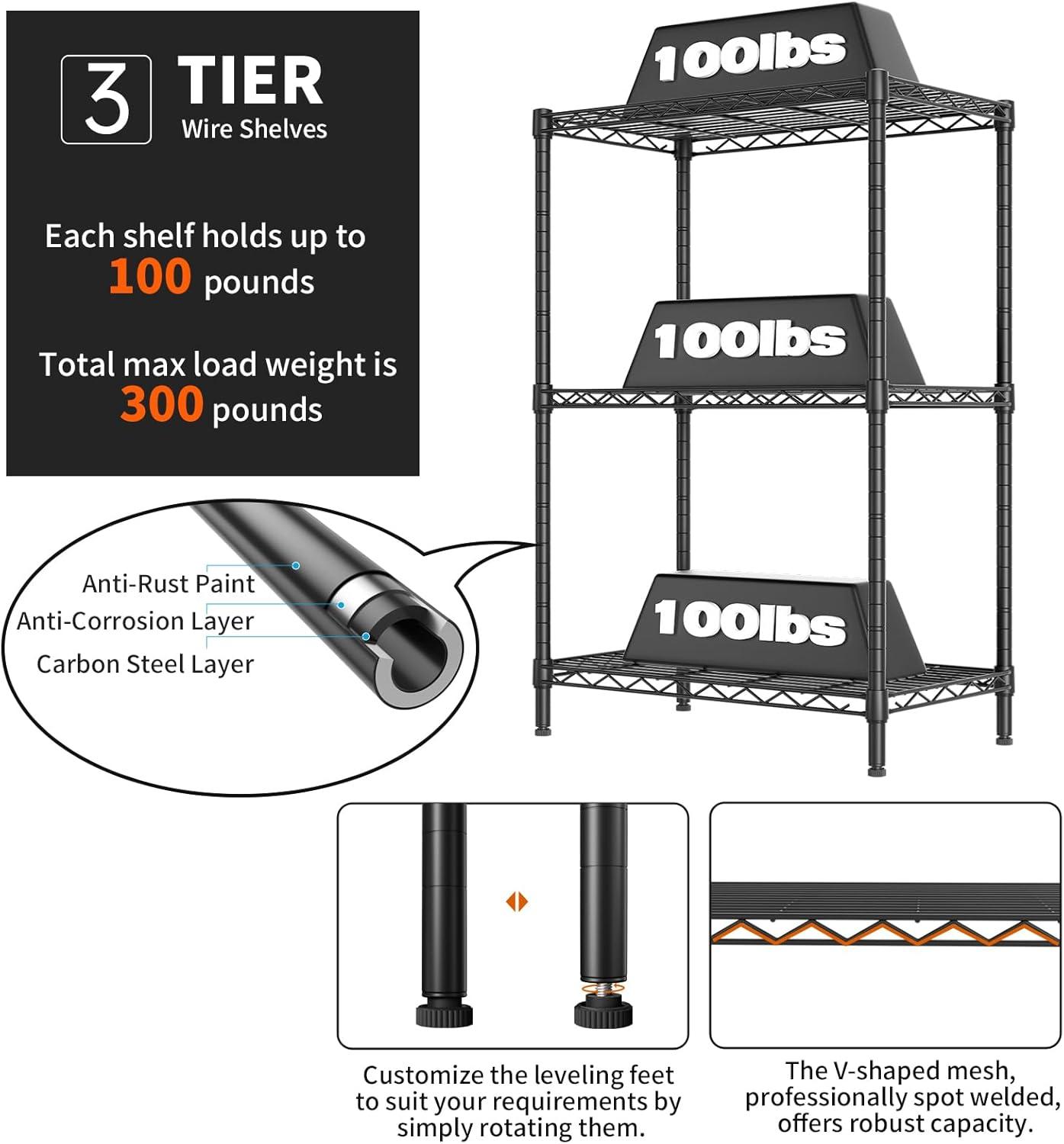 Black Adjustable 3-Tier Carbon Steel Wire Shelving Unit