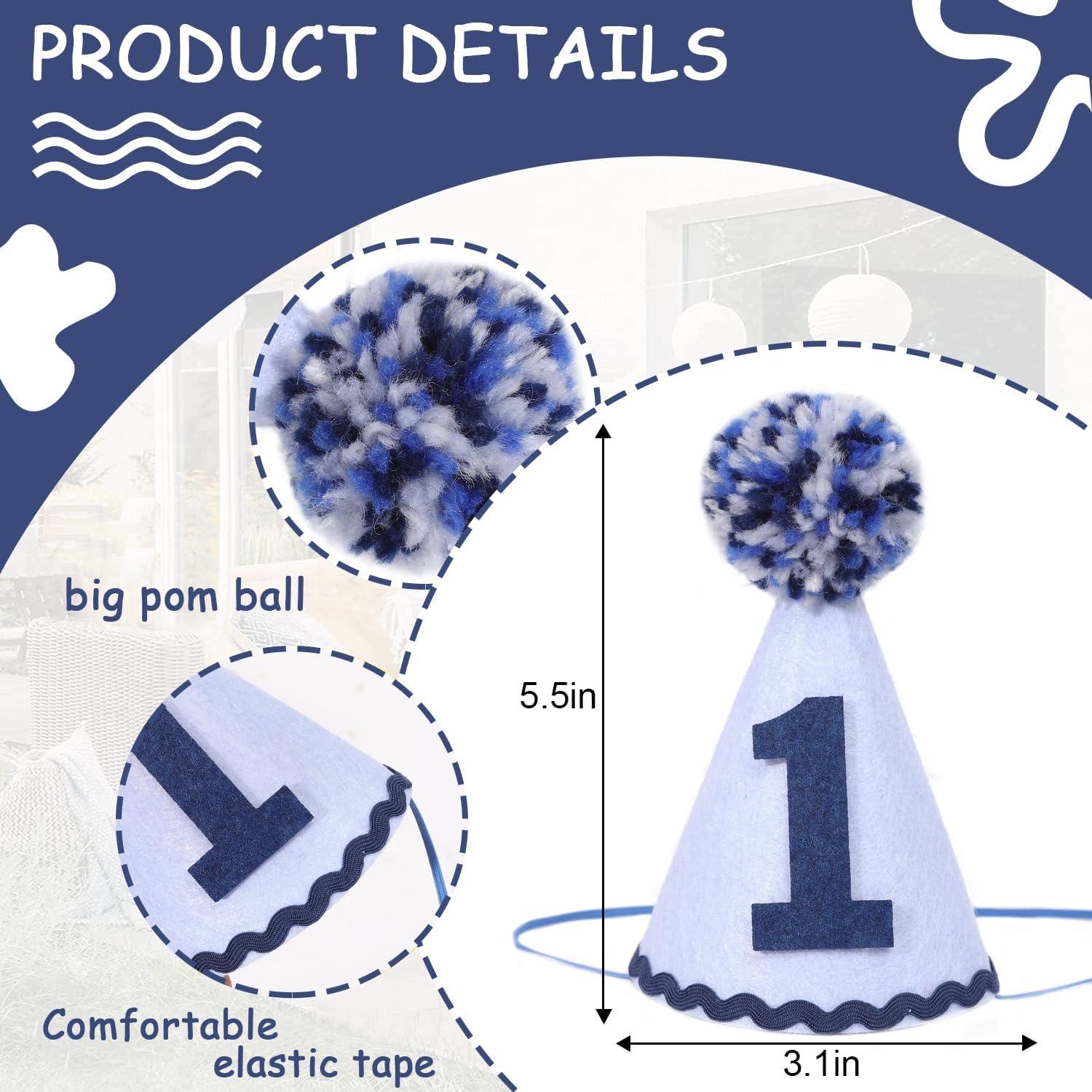 Amscan 250959 1st Birthday Blue Pom Pom Child's Party Hat, 1ct