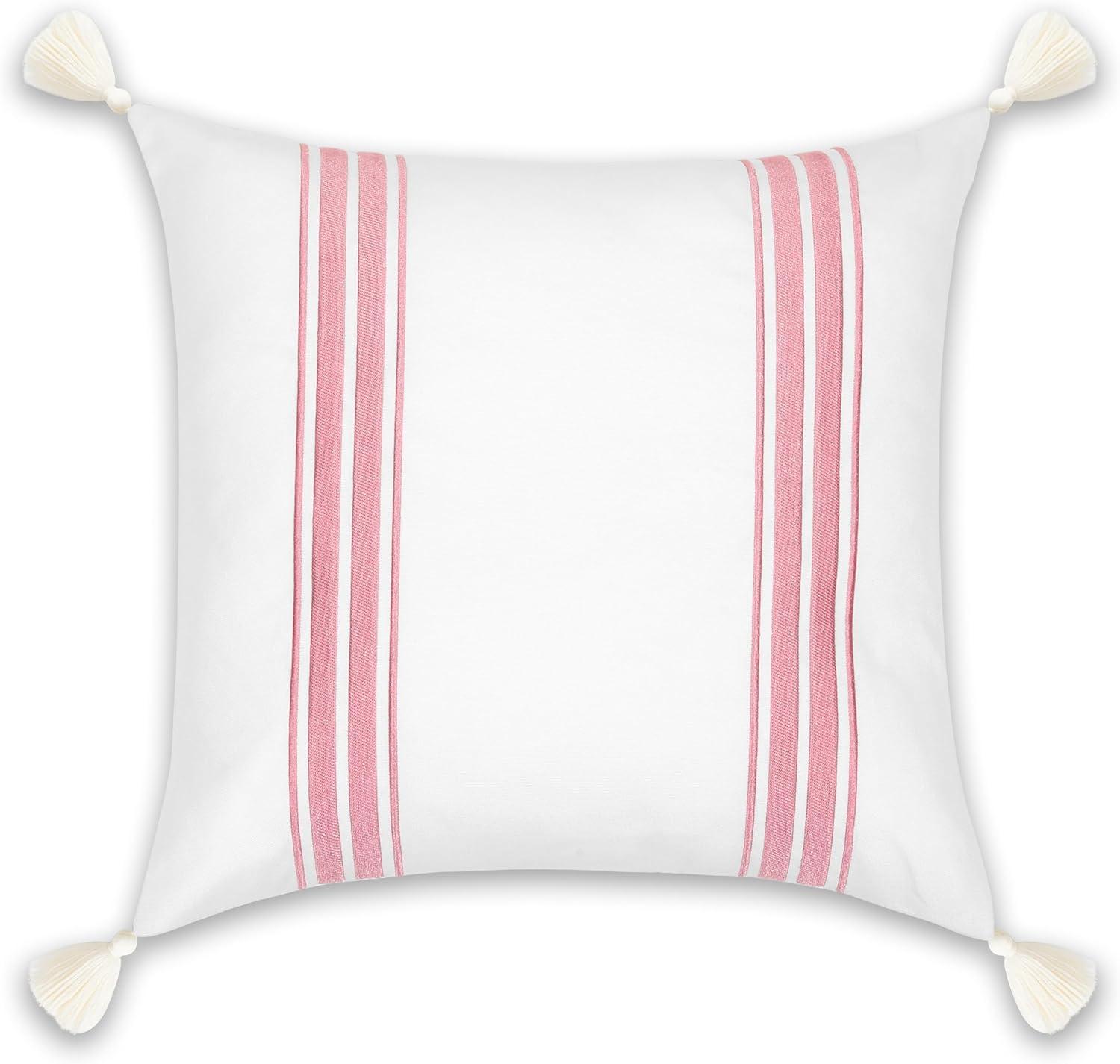 Hofdeco Premium Coastal Patio Indoor Outdoor Throw Pillow Cover Only, 20"x20" Water Repellent for Backyard, Couch, Blush Pink Embroidered Stripes with Tassels