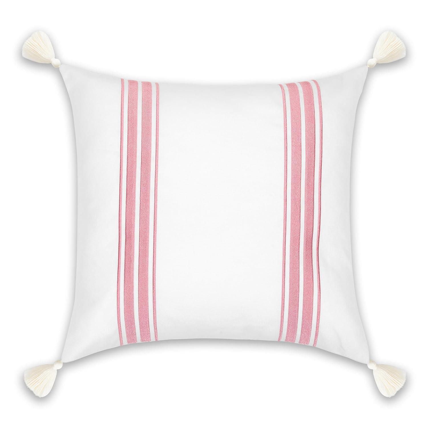 Hofdeco Premium Coastal Patio Indoor Outdoor Throw Pillow Cover Only, 20"x20" Water Repellent for Backyard, Couch, Blush Pink Embroidered Stripes with Tassels