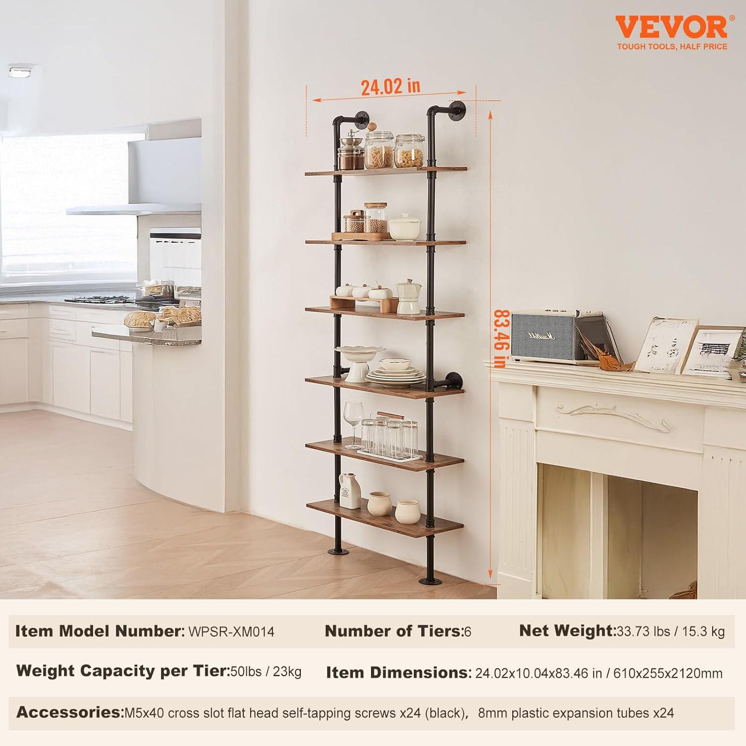 VEVOR Industrial Pipe Shelf, 6 Tier 24x9.84in, Wall-Mount Floating Rustic Wood Shelves Bracket Display Bookshelf, Storage Rack Sundries Holder for Kitchen Bedroom Bathroom Living Room, Black