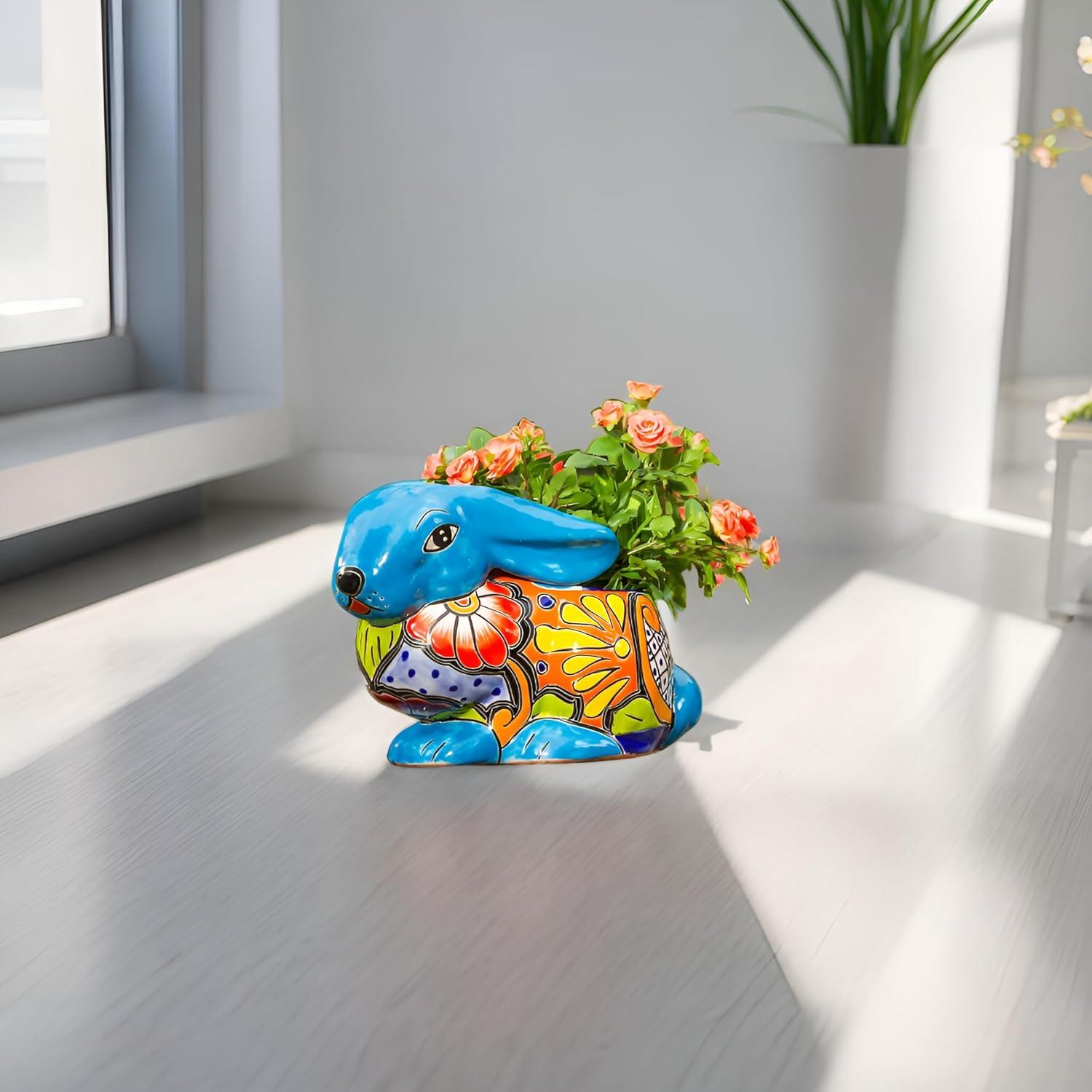 Evergreen Garden Talavera Mexican Pottery Ceramic Talavera Animal Shape Planter | Flower Pot Plant Succulent | Indoor Outdoor (Bunny)