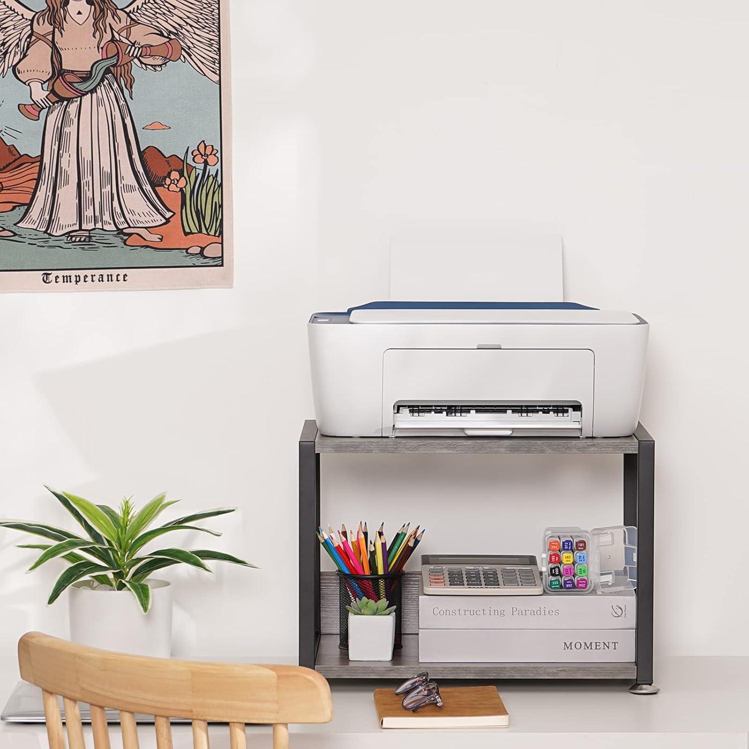 Gray MDF and Metal Two-Tier Desktop Printer Stand