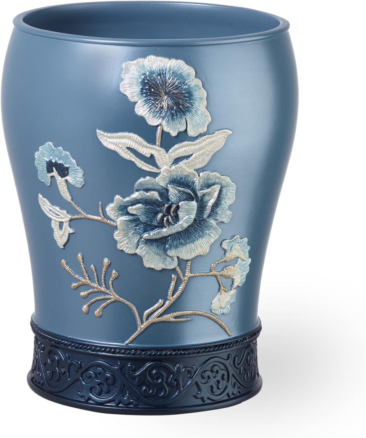 Blue Plastic Floral Embossed Bathroom Waste Basket