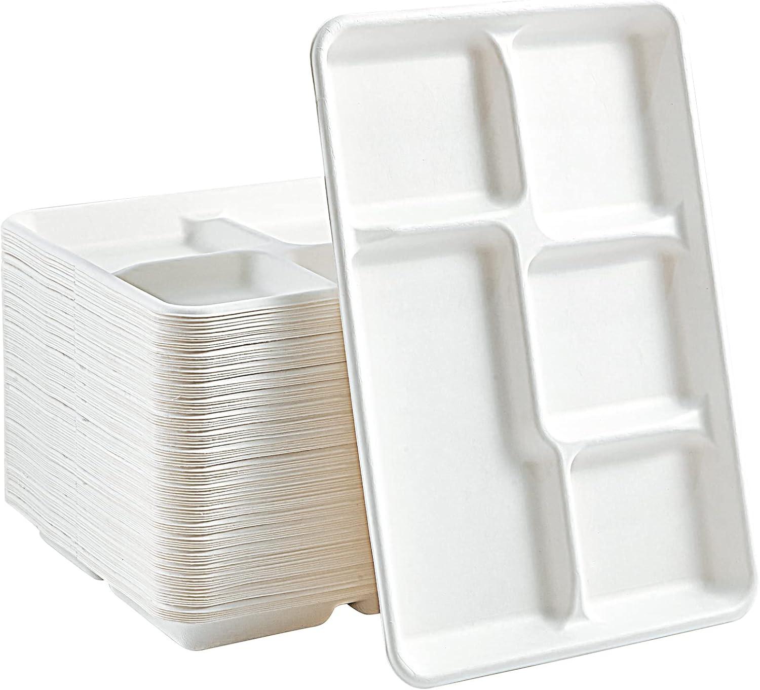 White Sugarcane Rectangular Compostable 5-Compartment Plates